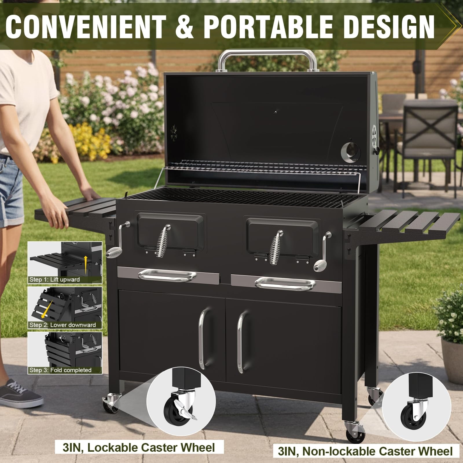 Bestfire Extra Large Charcoal BBQ Grill with Oversized Cooking Space, Dual Charcoal Trays, Enamel Grates & Chrome Warming Rack, Outdoor Barbecue Smoker with 4 Wheels & Side Tables