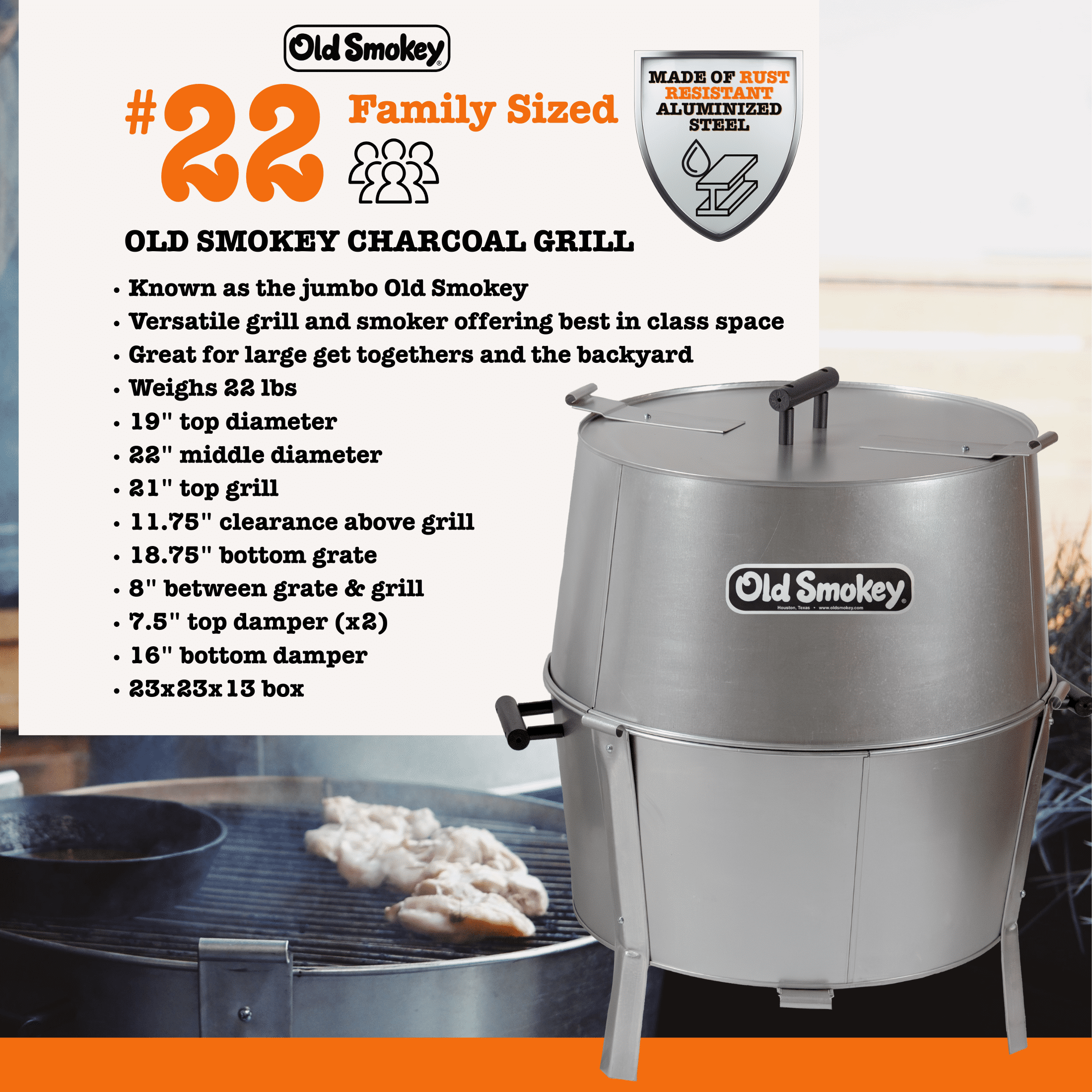 Old Smokey 18 inch Portable Charcoal Grill, Durable Steel BBQ Grill