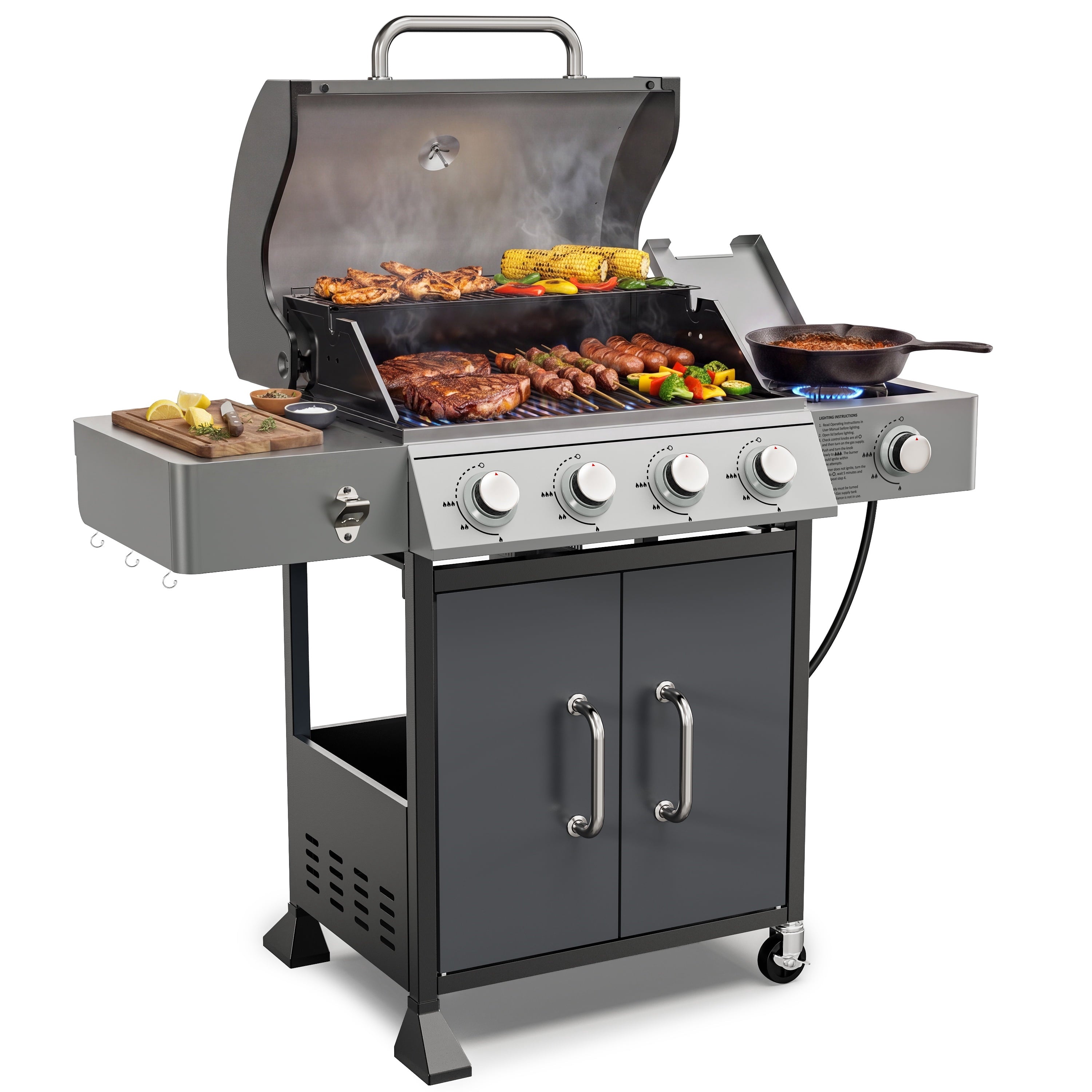 3-Burner Gas Grill with Side Burner, 40,500 BTU Propane BBQ Grill with Porcelain-Enameled Cast Iron Grates, Built-in Thermometer, Ideal for Patio Camping Outdoor Cooking