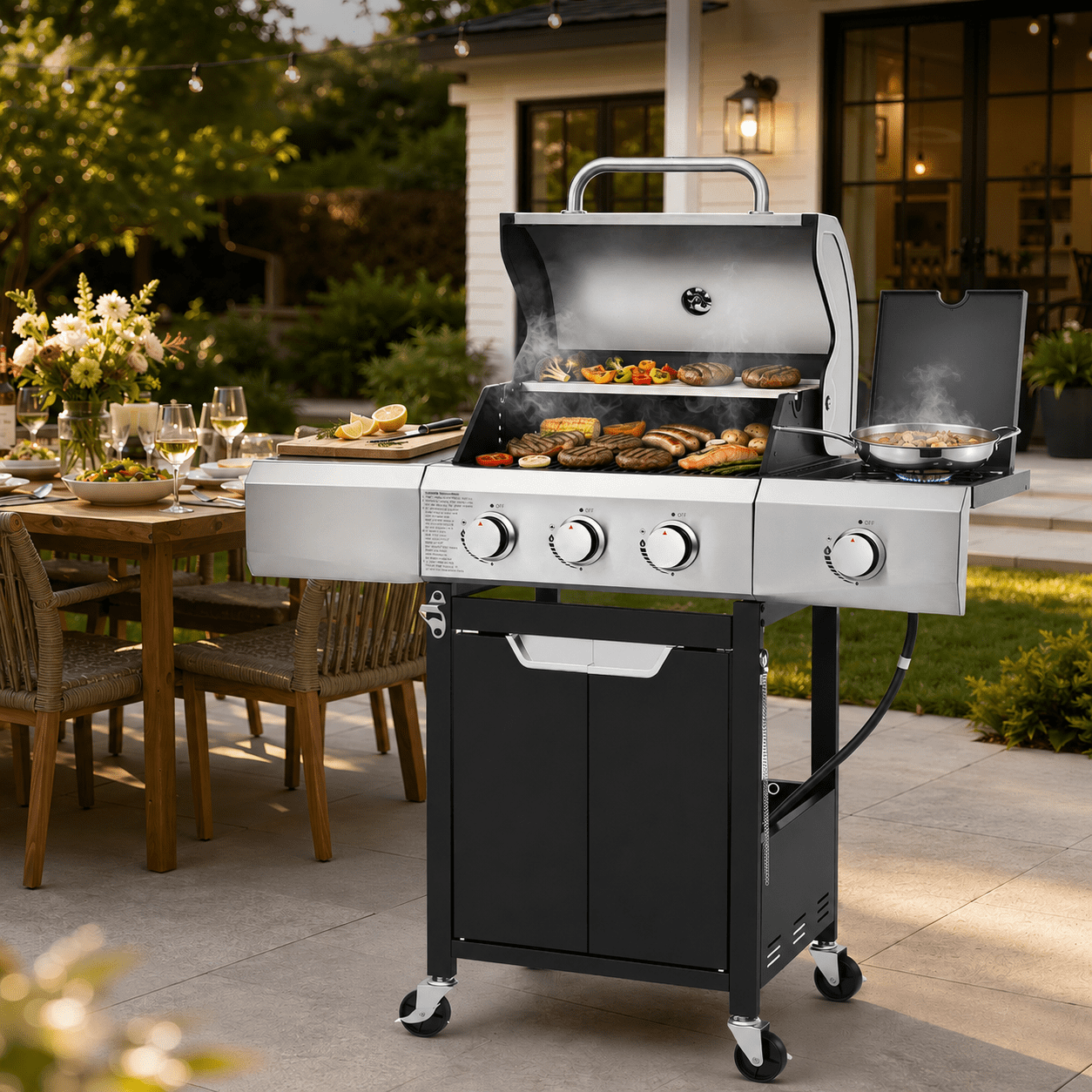 3-Burner Gas Grill with Side Burner, 40,500 BTU Propane BBQ Grill with Porcelain-Enameled Cast Iron Grates, Built-in Thermometer, Ideal for Patio Camping Outdoor Cooking