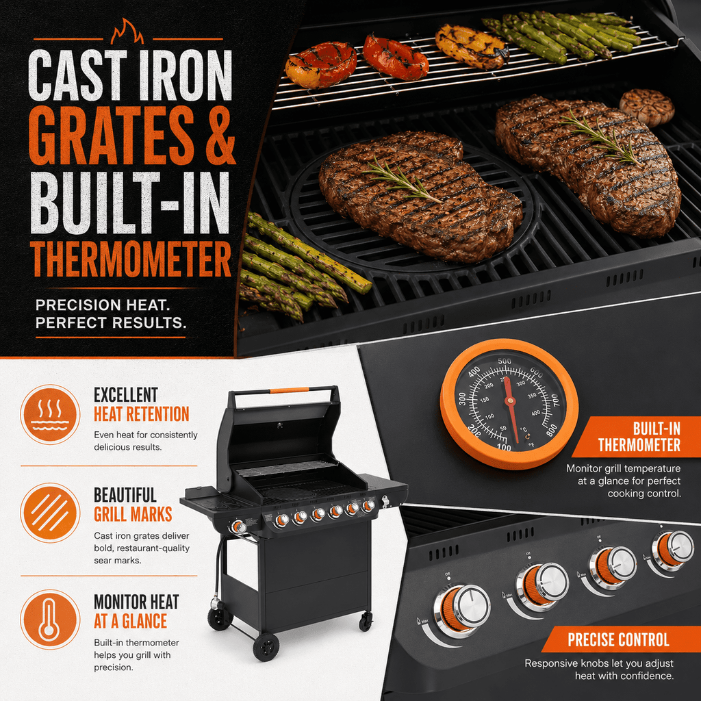 6-Burner Propane Gas Grill with Side Burner, 59000 BTU Outdoor BBQ Grill with Porcelain-Enameled Grates, Warming Rack, Side Tables, Bottle Opener, Thermometer and Wheels for Patio Backyard Cooking
