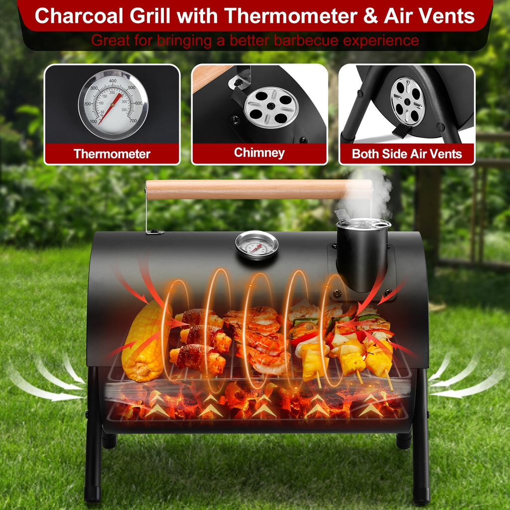 Walchoice Tabletop Charcoal Grill with Thermometer & Chimney, Small Portable Barbecue Grill for Outdoor Cooking Camping Picnic Backyard Beach - Black