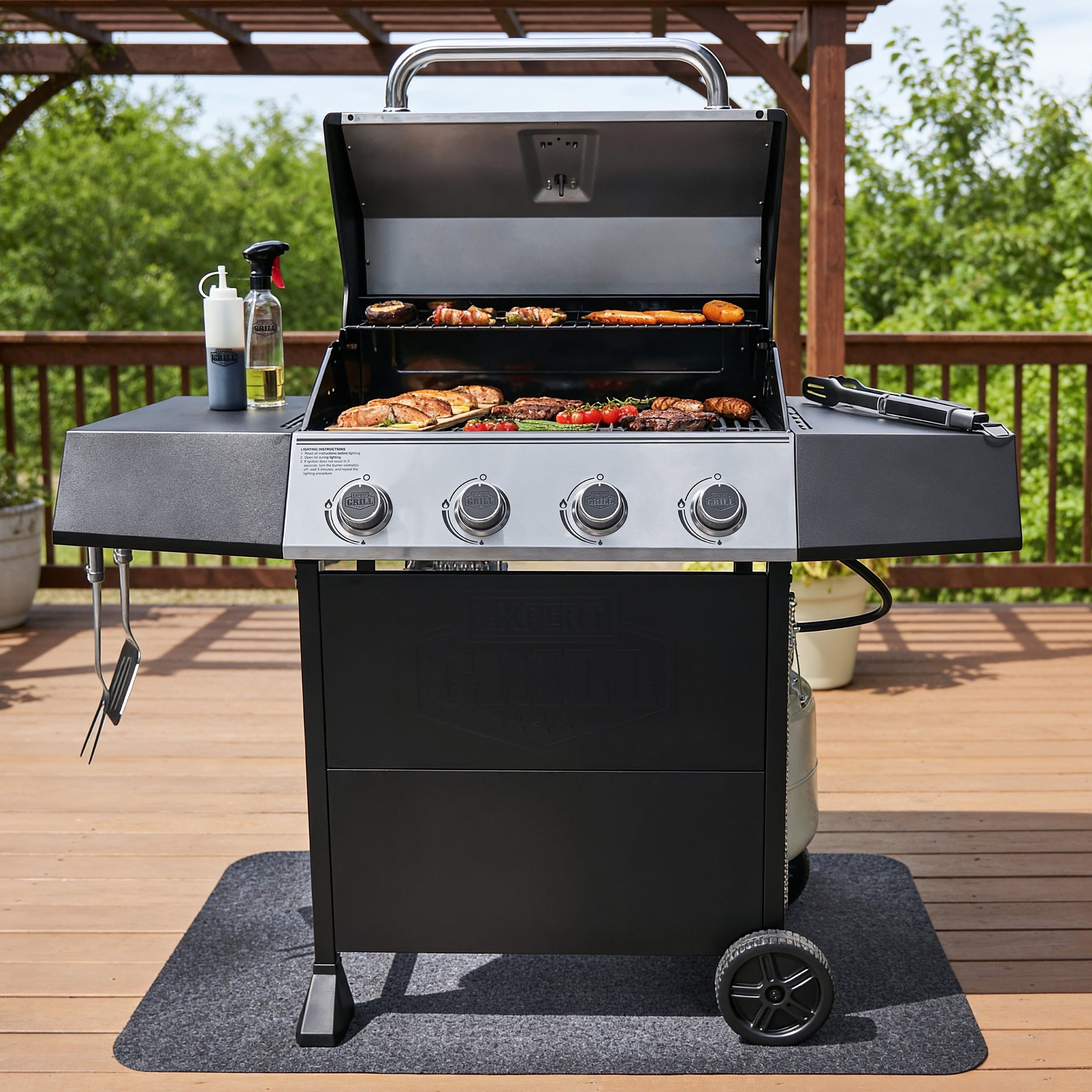 Expert Grill, 4-Burner Propane Gas Grill with Side Table and Wheels, Stainless Steel