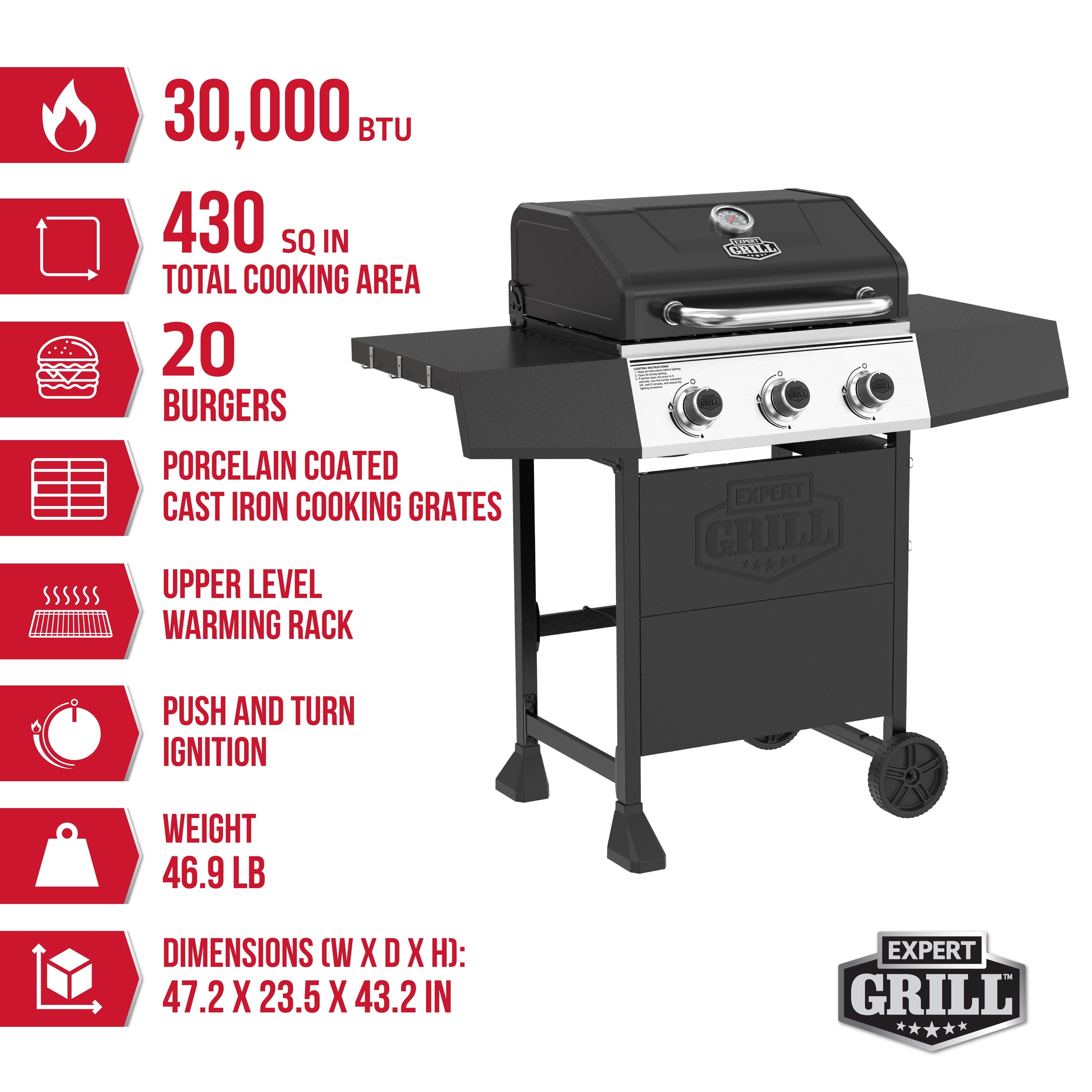 Expert Grill, 3-Burner Propane Gas Grill with Side Table and Wheels, Black