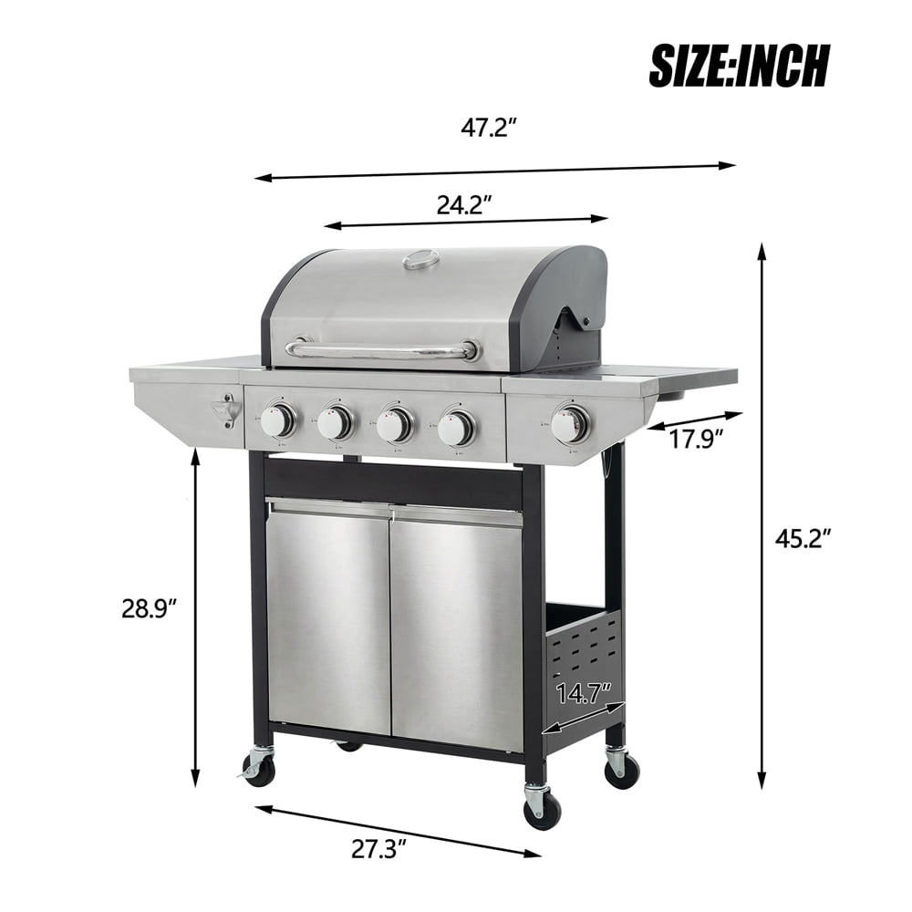 Highsound 4-Burner Propane Gas Grill with Side Burner, 51,000 BTU Outdoor Barbecue Grill, Stainless Steel BBQ Grill for Backyard Cooking, Black