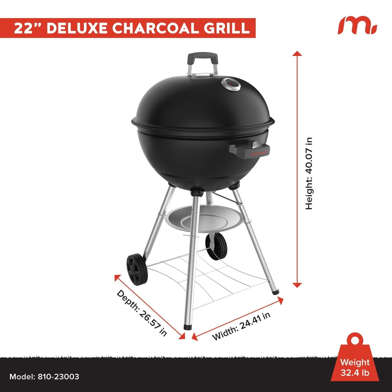 Megamaster – 22 Deluxe Charcoal Barbecue Grill with Adjustable Air Vent, Built-In Temperature Gauge, 368 SQ. In Cooking Area, Storage Rack, Portable Grill for Camping, Picnics, and More - 810-23003