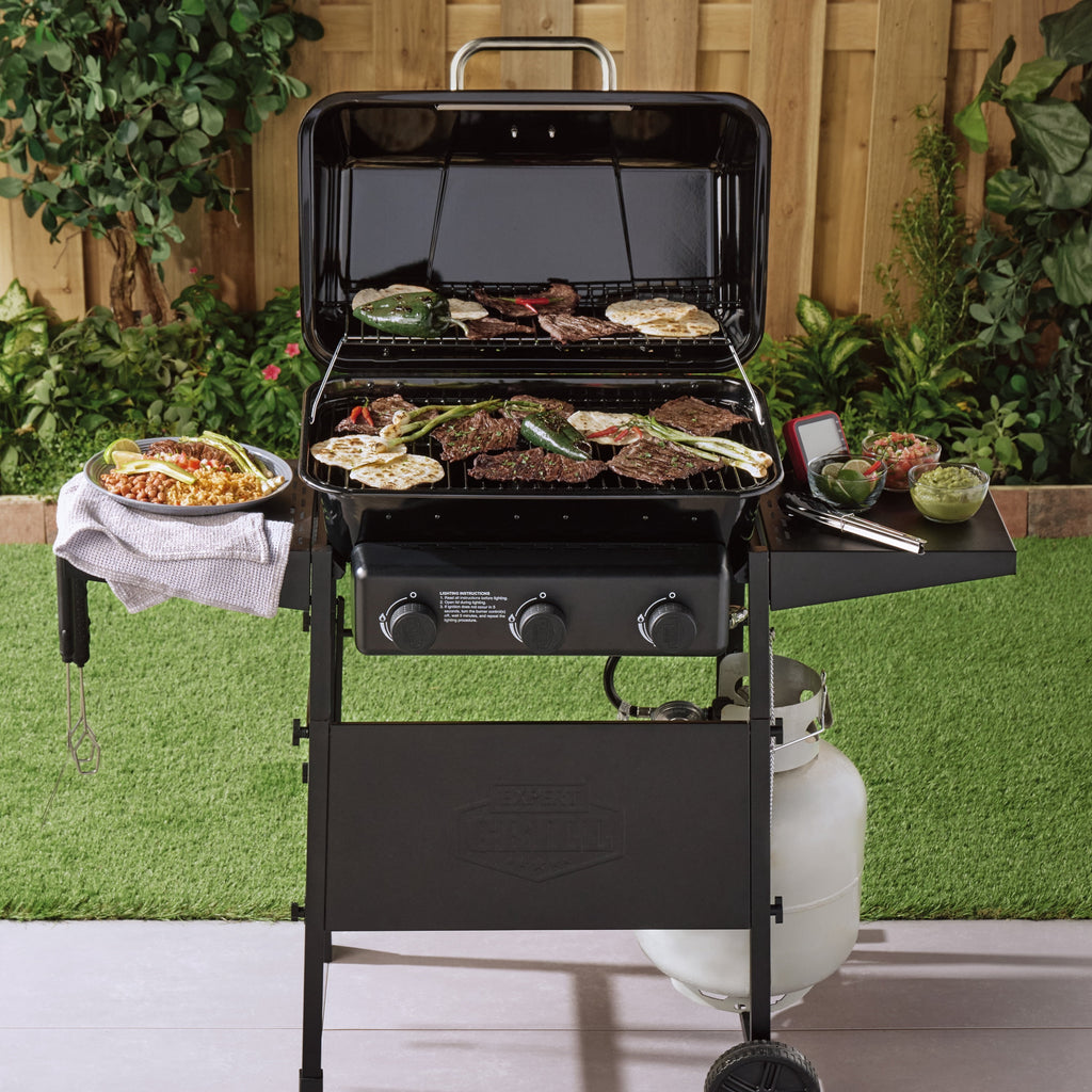 Expert Grill 3-Burner Propane Gas Grill with Wheels and Side Shelves, Black
