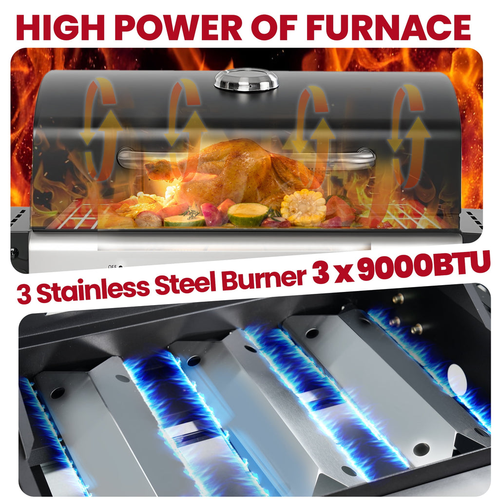 Enyopro 3-Burner Propane Gas Grill, 30000 BTU BBQ Grill with Foldable Side Table, Stainless Steel Warming Rack, Hooks, and Built-In Bottle Opener for Outdoor Barbecue
