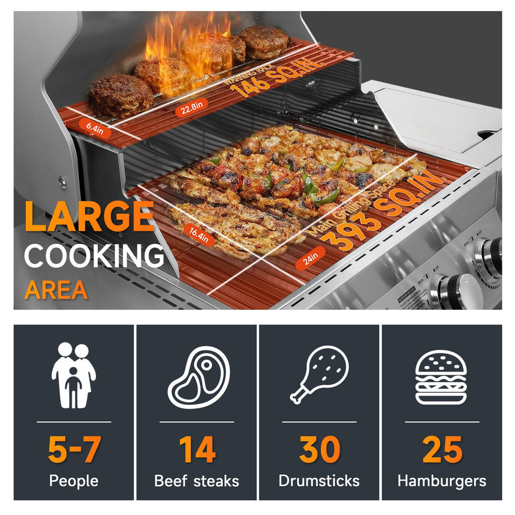 SKOK 4 Burner Gas Grill with Side Burner, 58000 BTU &393 sq.in Cooking Surface, Outdoor Propane Barbecue Grill for Patio & Backyard