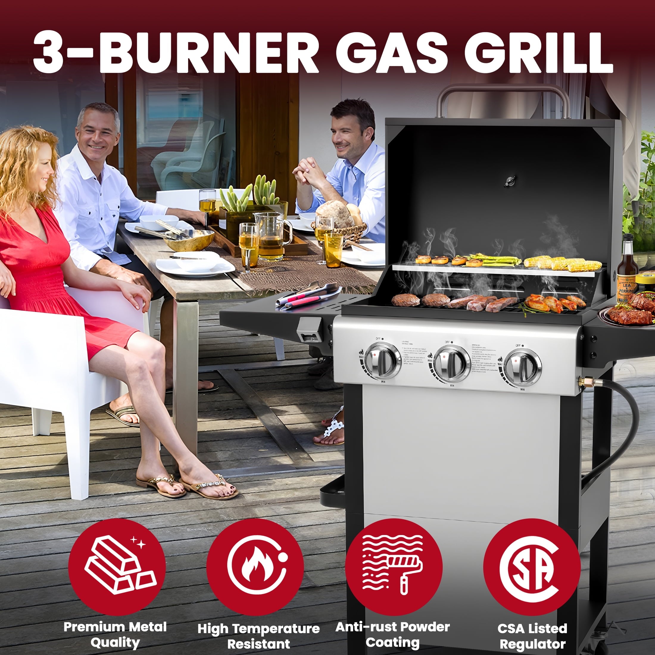 Enyopro 3-Burner Propane Gas Grill, 30000 BTU BBQ Grill with Foldable Side Table, Stainless Steel Warming Rack, Hooks, and Built-In Bottle Opener for Outdoor Barbecue