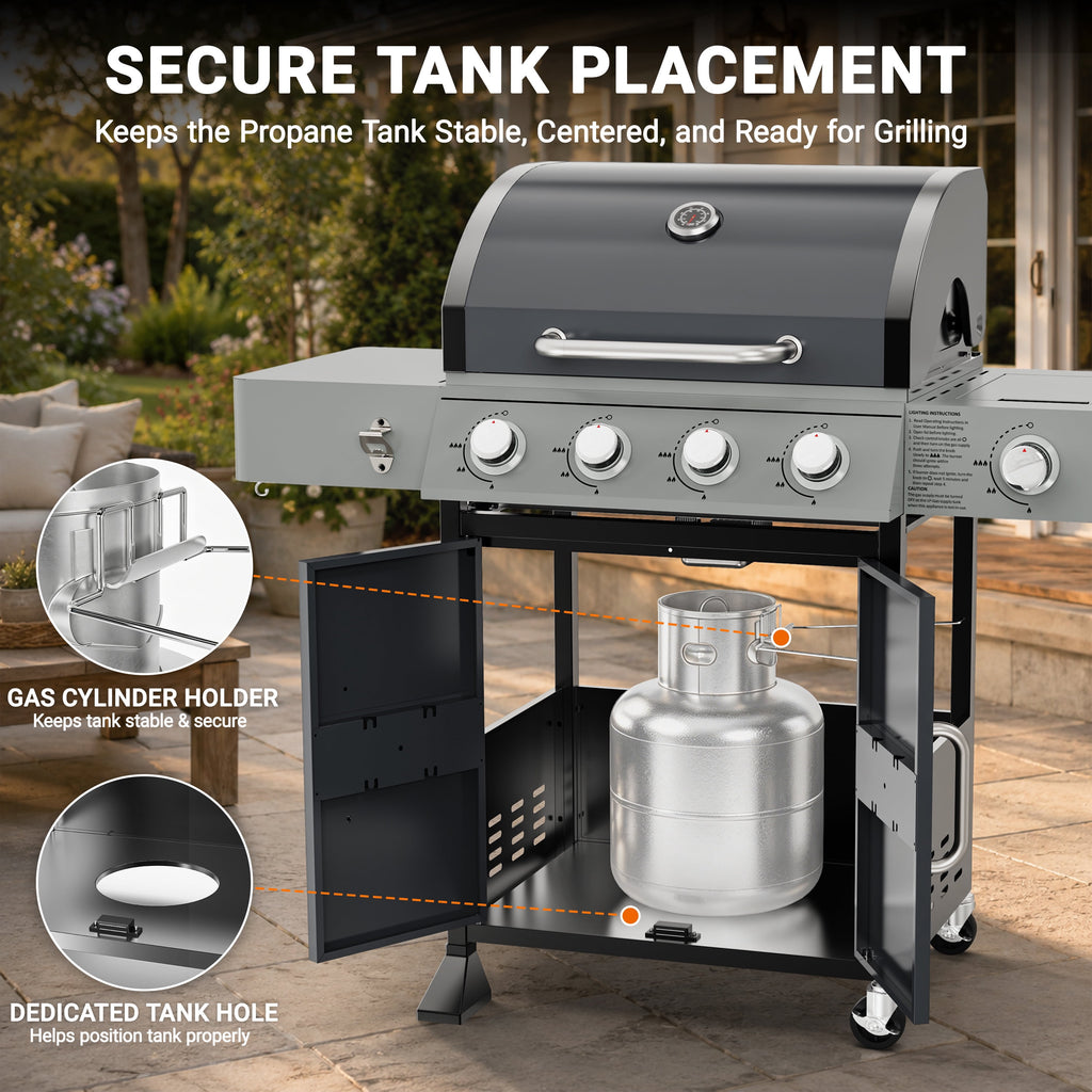 3-Burner Gas Grill with Side Burner, 40,500 BTU Propane BBQ Grill with Porcelain-Enameled Cast Iron Grates, Built-in Thermometer, Ideal for Patio Camping Outdoor Cooking