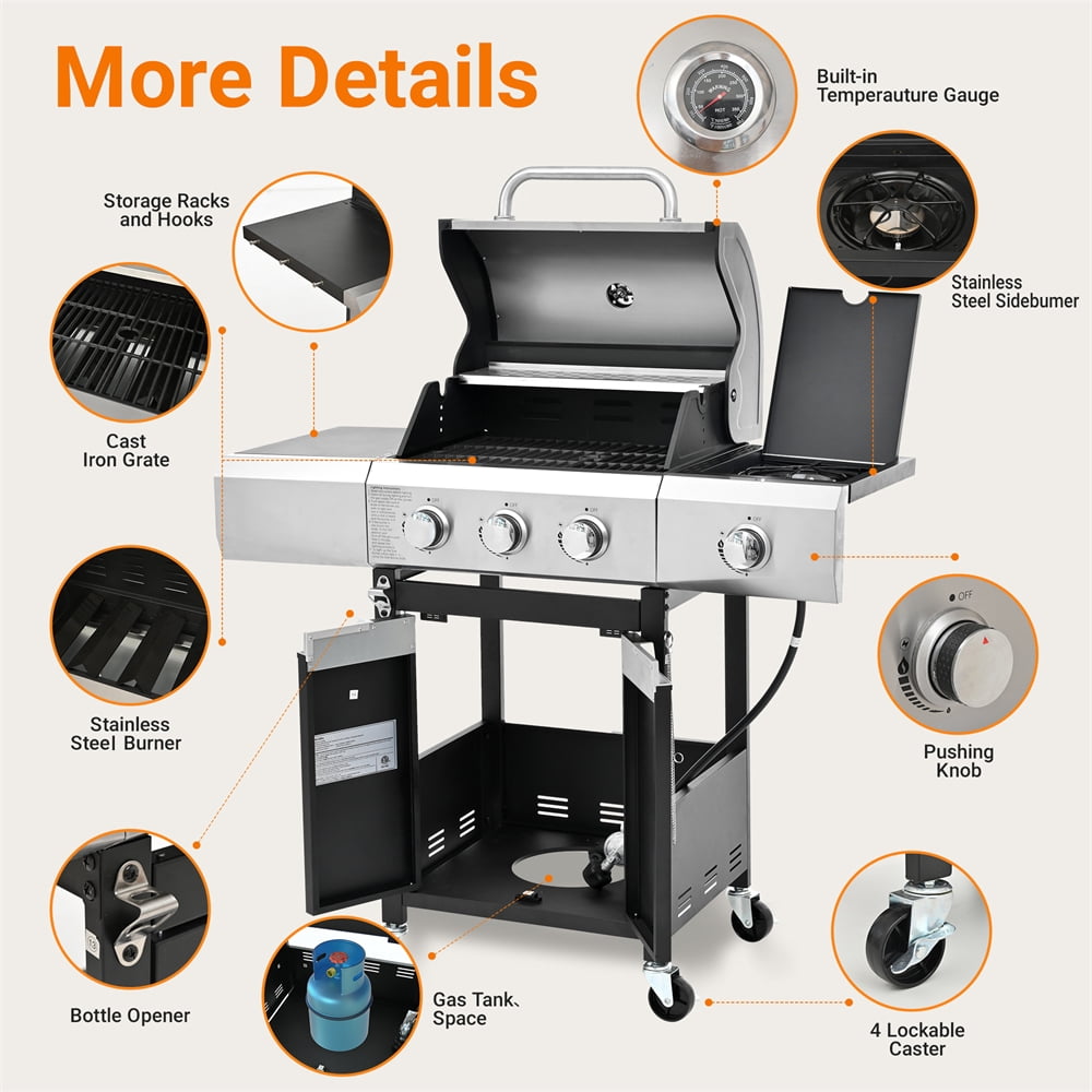 Highsound 4-Burner Propane Gas Grill with Side Burner, 51,000 BTU Outdoor Barbecue Grill, Stainless Steel BBQ Grill for Backyard Cooking, Black