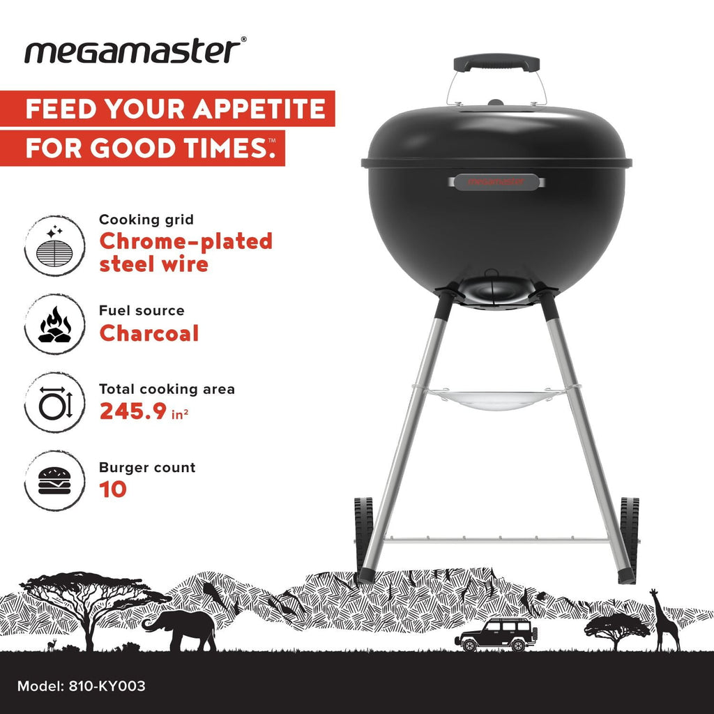 Megamaster – 22 Deluxe Charcoal Barbecue Grill with Adjustable Air Vent, Built-In Temperature Gauge, 368 SQ. In Cooking Area, Storage Rack, Portable Grill for Camping, Picnics, and More - 810-23003