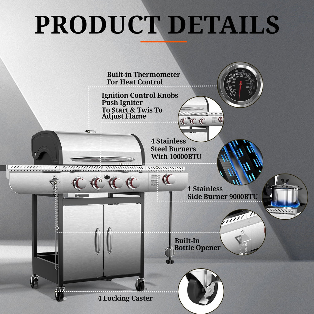 3-Burner Propane Gas Grill with Side Burner,34,000 BTU Stainless Steel BBQ Grill with Side Shelves and Wheels,Outdoor Grill for for Patio,Backyard,Garden,Camping Cooking