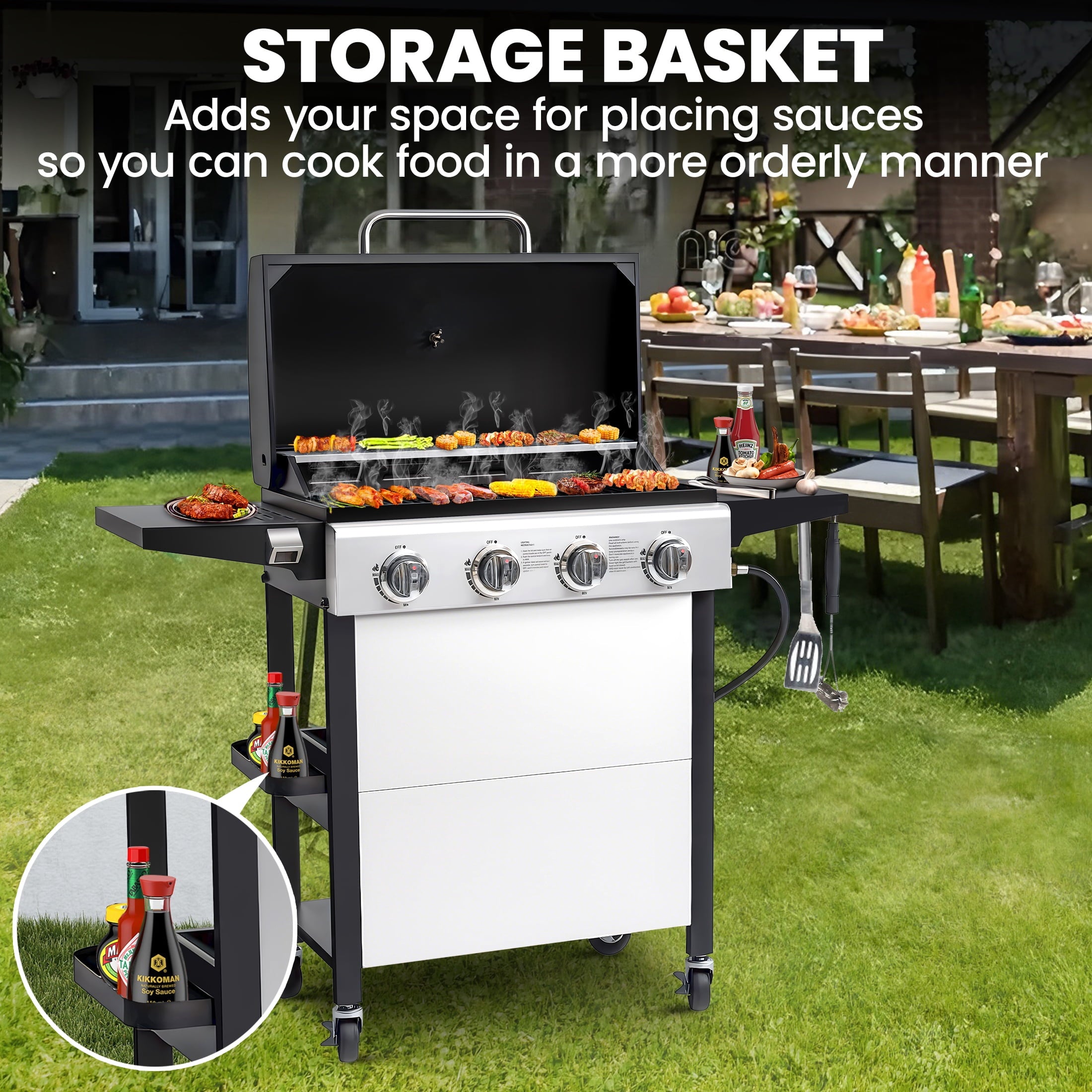Segmart 3 Burner BBQ Propane Gas Grill, Stainless Steel 27,000 BTU Patio Garden Barbecue Grill with Side Tables, Hanging Basket & Thermometer, Perfect for Camping, Outdoor Cooking