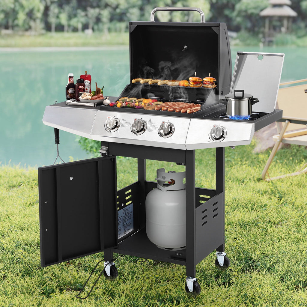 Enyopro 3-Burner Propane Gas Grill, 30000 BTU BBQ Grill with Foldable Side Table, Stainless Steel Warming Rack, Hooks, and Built-In Bottle Opener for Outdoor Barbecue