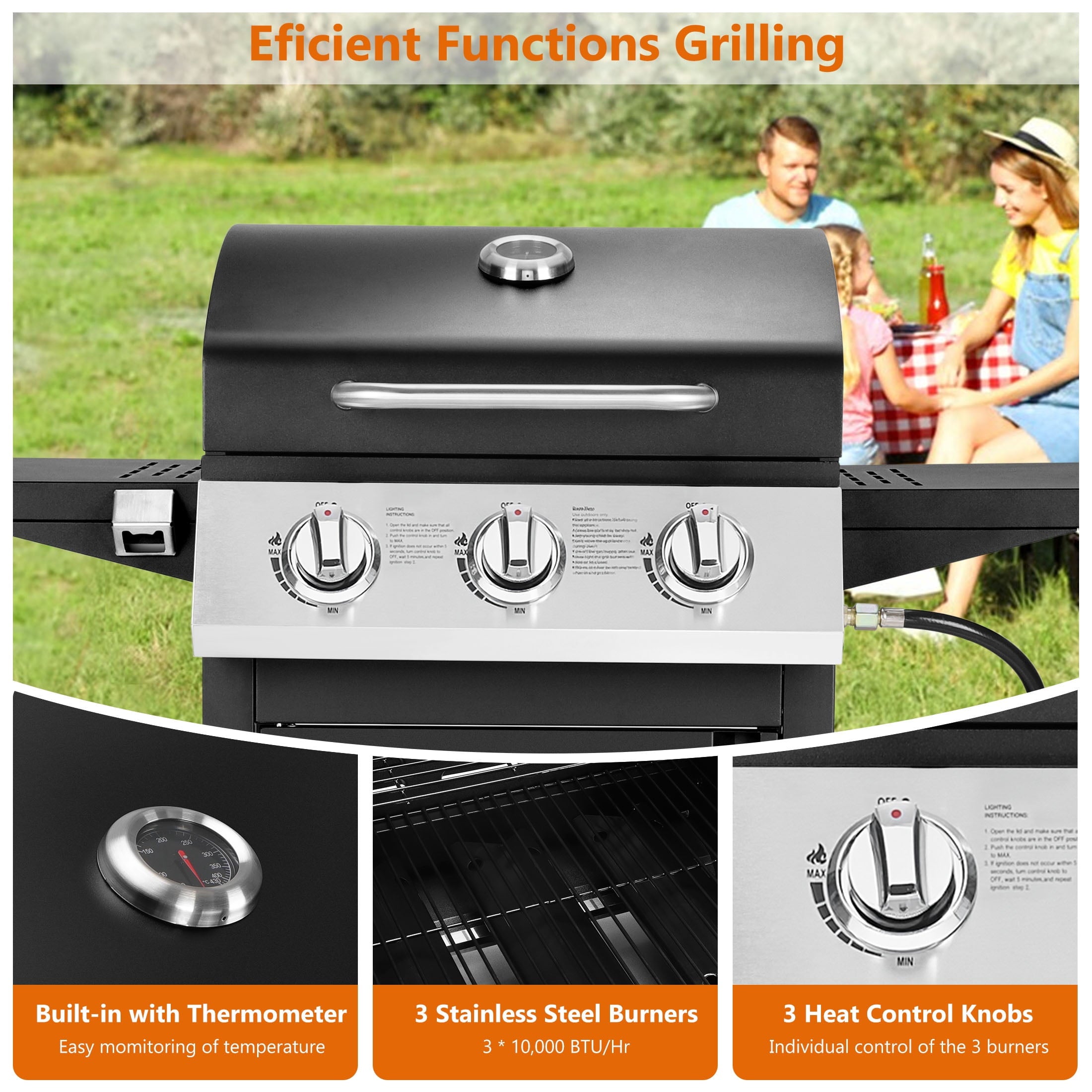 SEGMART 3 Burner BBQ Propane Gas Grill, Stainless Steel 30,000 BTU Patio Garden Barbecue Grill with Side Tables, Cleaning Brush & Thermometer, Perfect for Camping, Outdoor Cooking