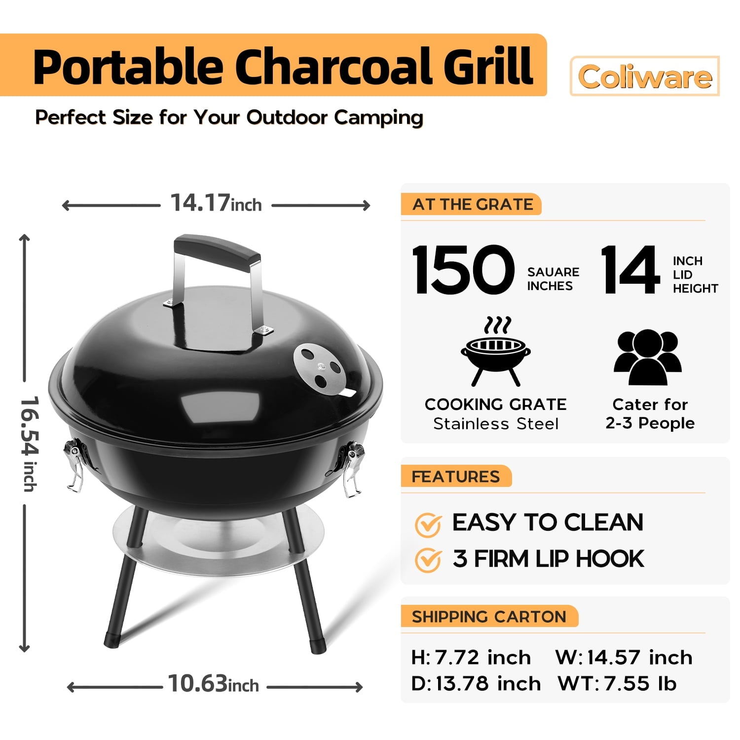 Coliware 14 inch Small Charcoal Grill, Portable Chargrills Tabletop Grill with accessories tools, Expert Barbecue Smoker for picnic camping patio backyard, Outdoor Oven