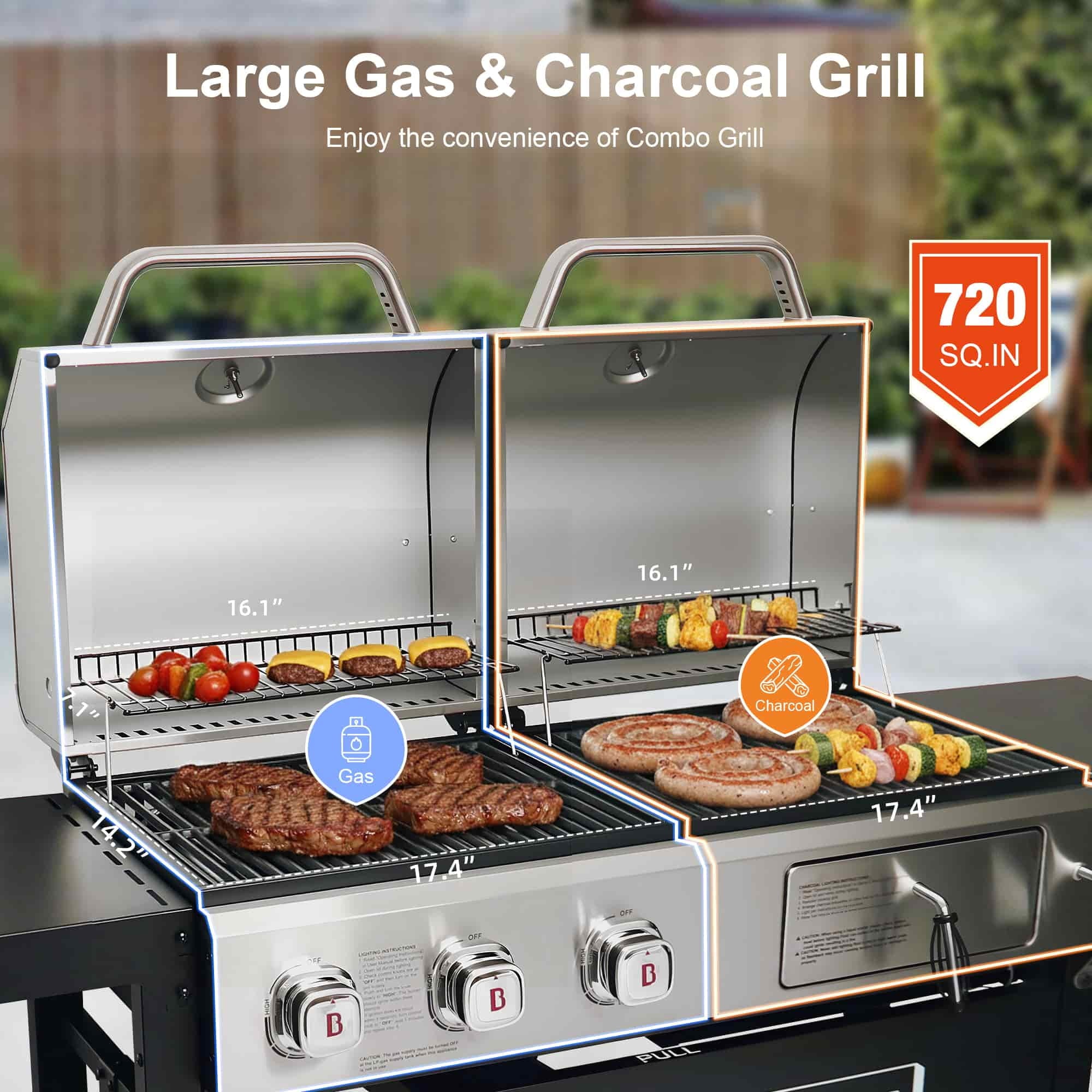 Brand Man Propane Gas & Charcoal Grill Combo with Griddle Dual Fuel BBQ Grill for Outdoor Barbecue, Black