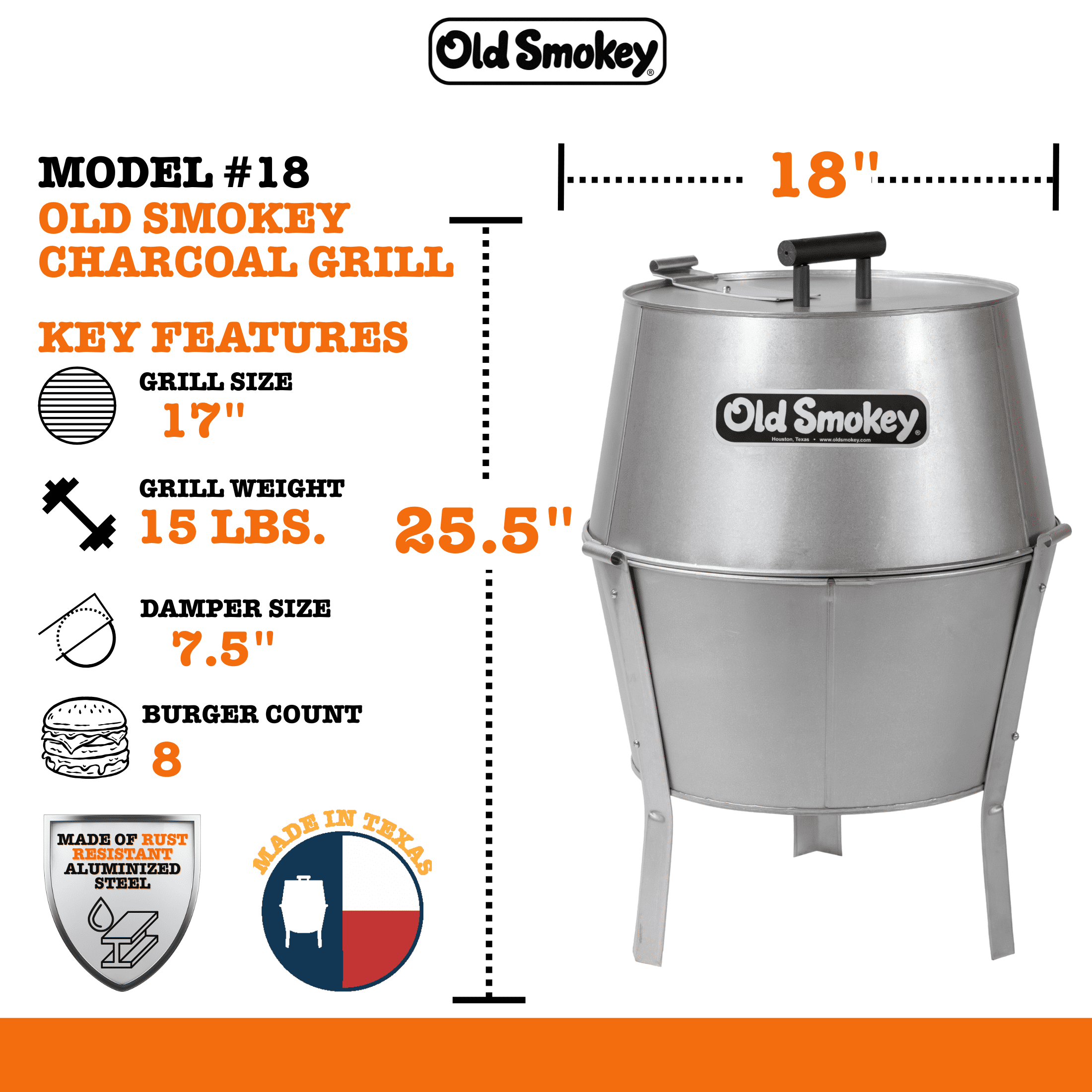 Old Smokey 18 inch Portable Charcoal Grill, Durable Steel BBQ Grill