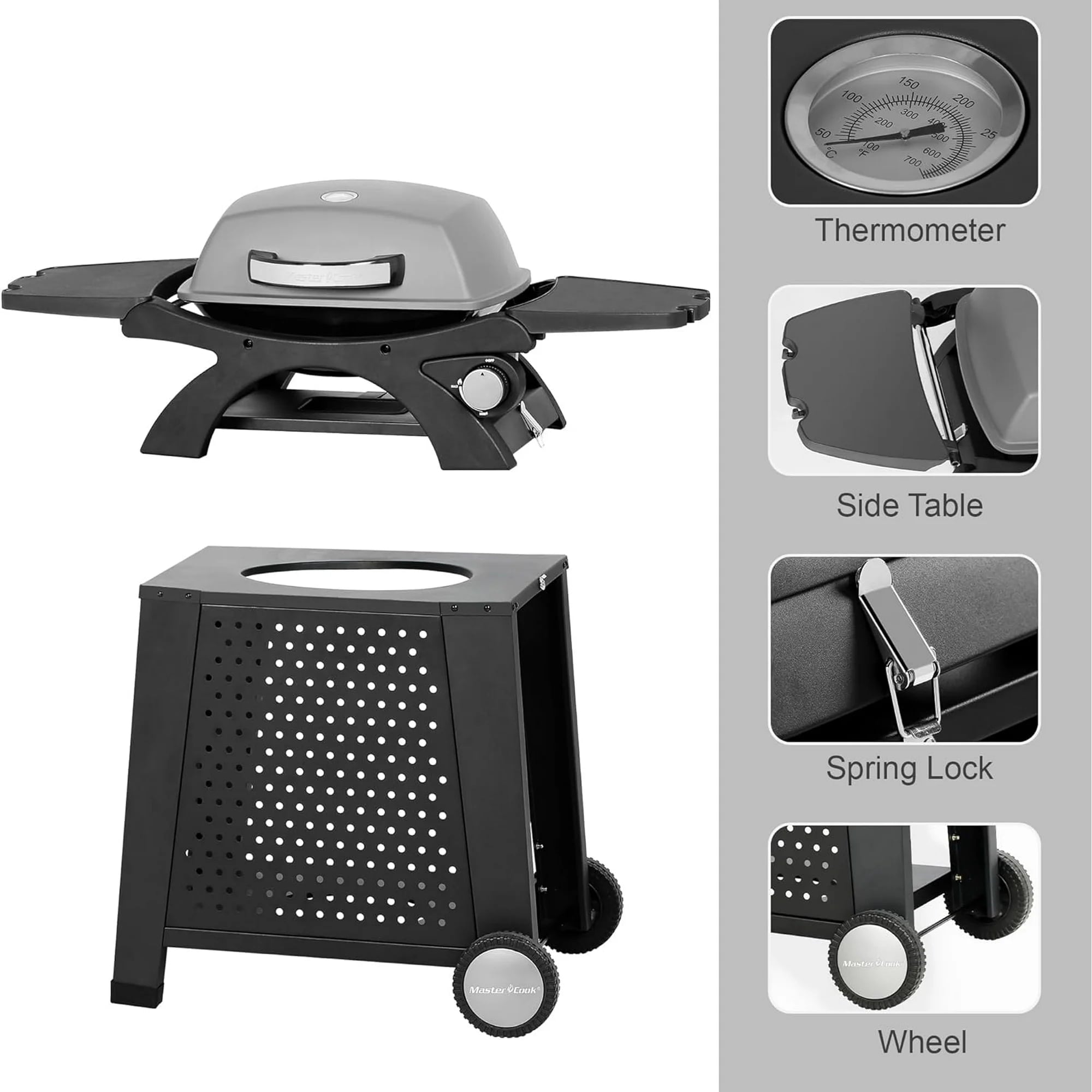 MASTER COOK Propane Gas Grill, Portable Tabletop Barbecue Grill with Cart for Patio, Camping, Travel