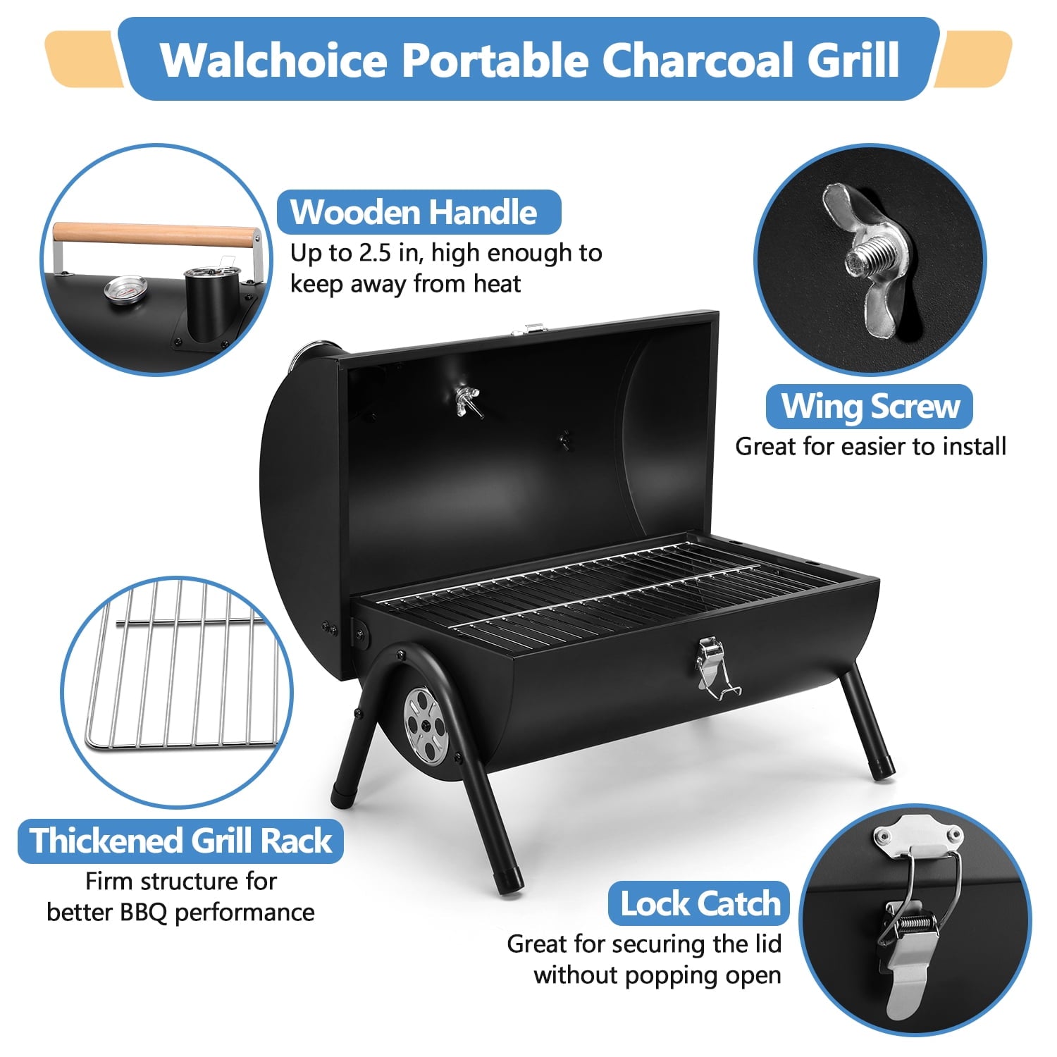 Walchoice Tabletop Charcoal Grill with Thermometer & Chimney, Small Portable Barbecue Grill for Outdoor Cooking Camping Picnic Backyard Beach - Black