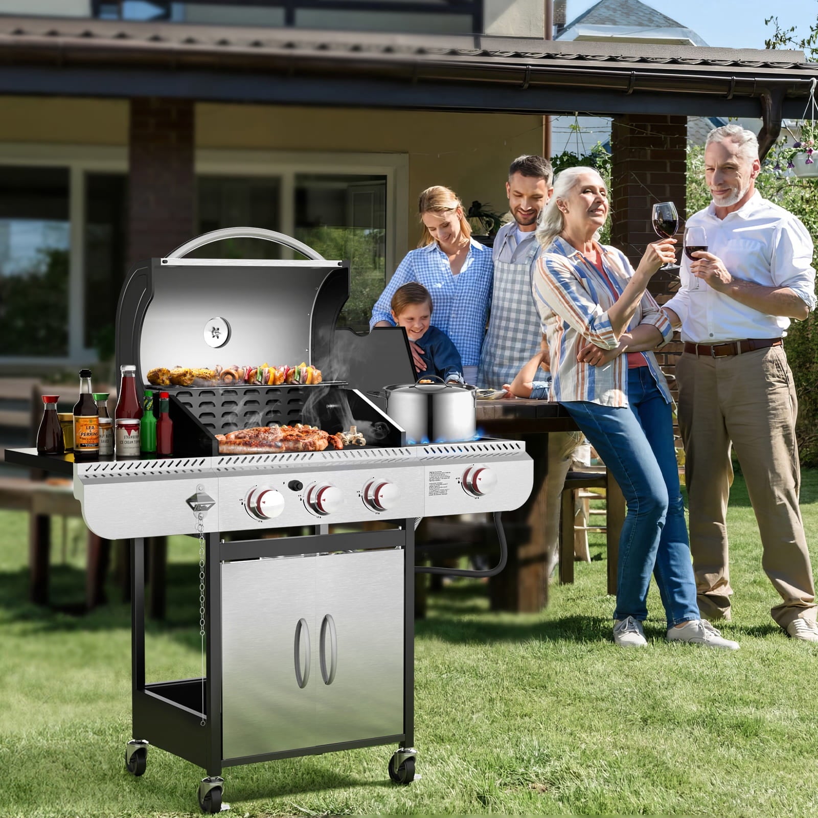 LHRIVER Stainless Steel 3 Burner Propane Gas Grill with Side Burner, 34,000 BTU Patio Garden Barbecue Grill,Porcelain-Enameled Cast Iron Grates