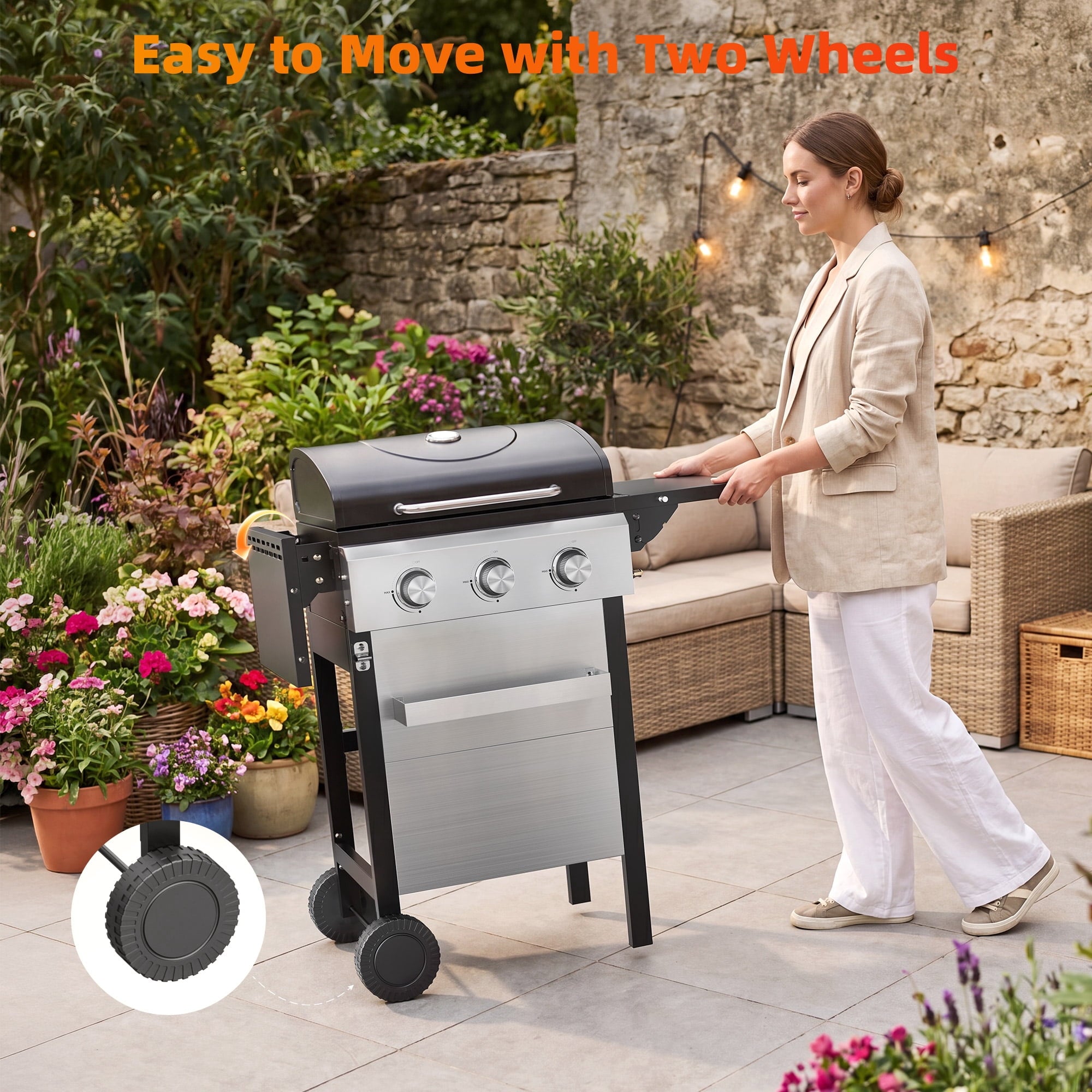 Biotree 4 Burner BBQ Propane Gas Grill, Stainless Steel 38,000 BTU Patio Garden Barbecue Grill with Two Foldable Shelves