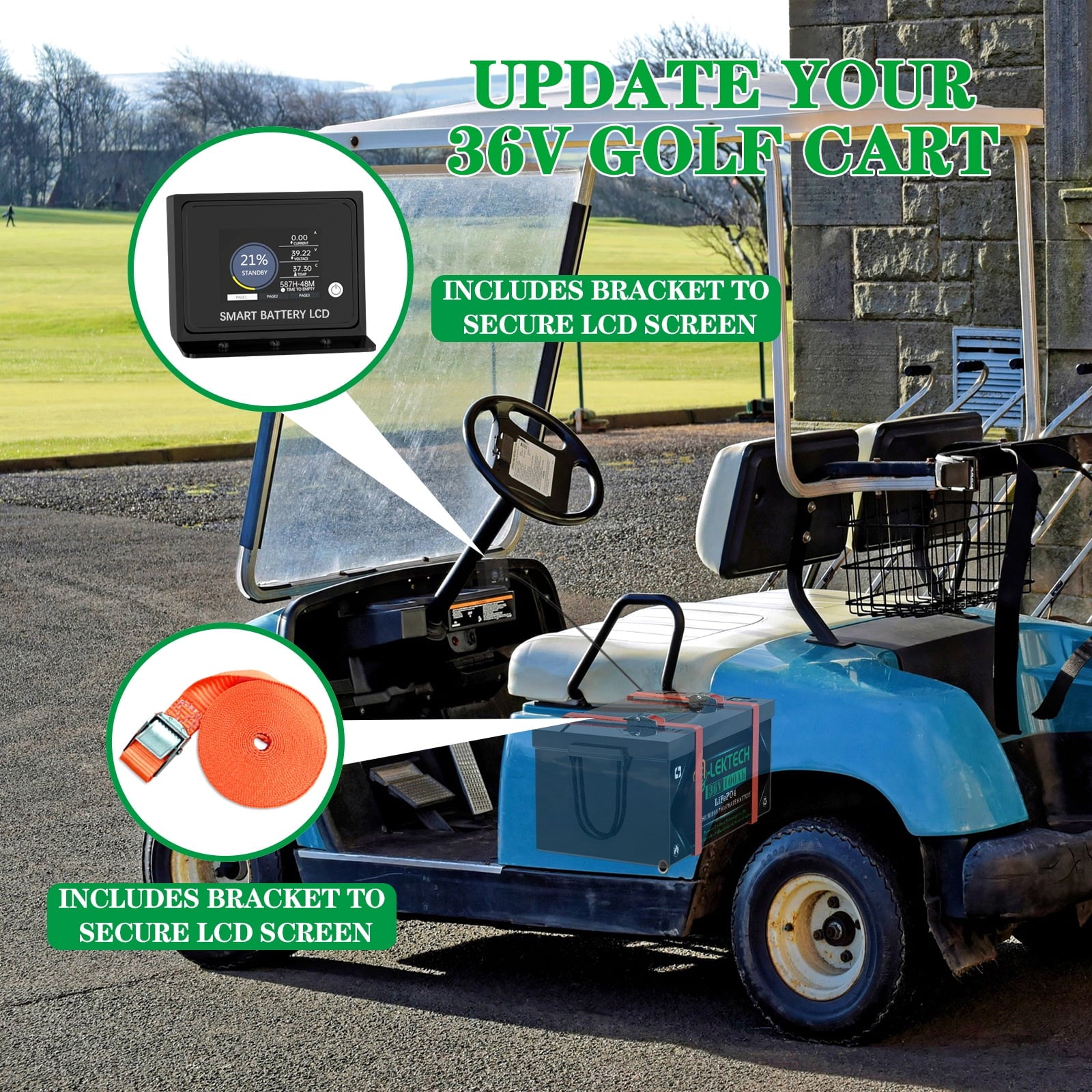 36V 100Ah Lithium Golf Cart Battery, with Touch Monitor & Mobile APP, 200A BMS, 3840Wh Energy, Perfect for Golf Carts, Solar