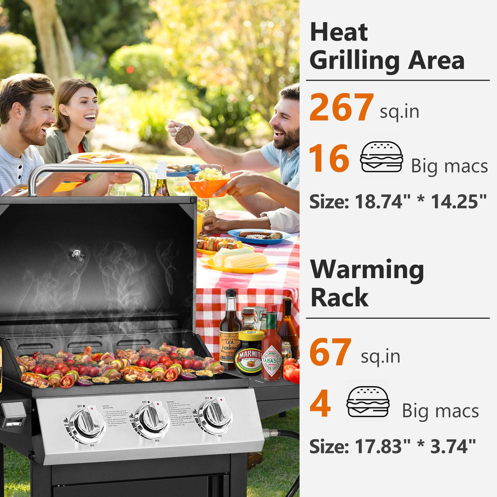 SEGMART 3 Burner BBQ Propane Gas Grill, Stainless Steel 30,000 BTU Patio Garden Barbecue Grill with Side Tables, Cleaning Brush & Thermometer, Perfect for Camping, Outdoor Cooking