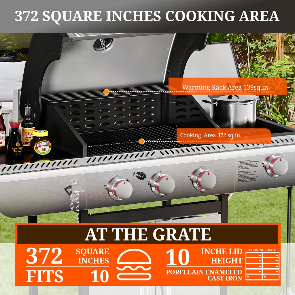 3-Burner Propane Gas Grill with Side Burner,34,000 BTU Stainless Steel BBQ Grill with Side Shelves and Wheels,Outdoor Grill for for Patio,Backyard,Garden,Camping Cooking
