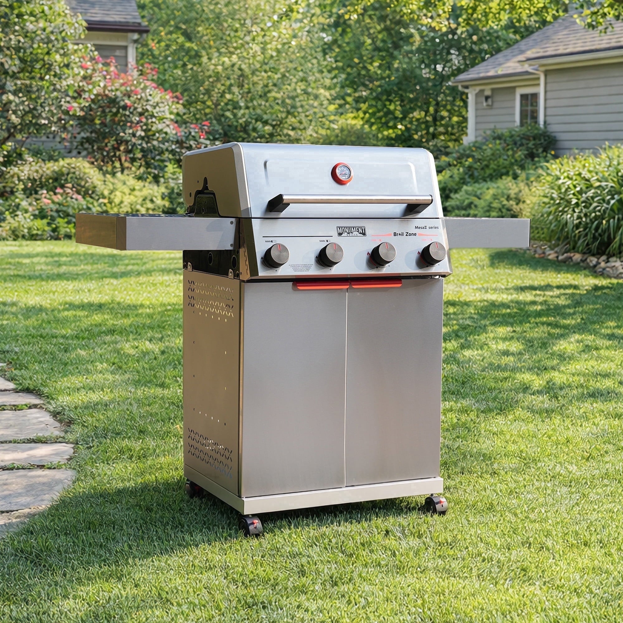 Monument Grills 4 Burner Propane Gas Grill ,Stainless Steel Outdoor Patio Barbecue Grill with Folding Shelves and Flip Rack, Mesa II 410BZ