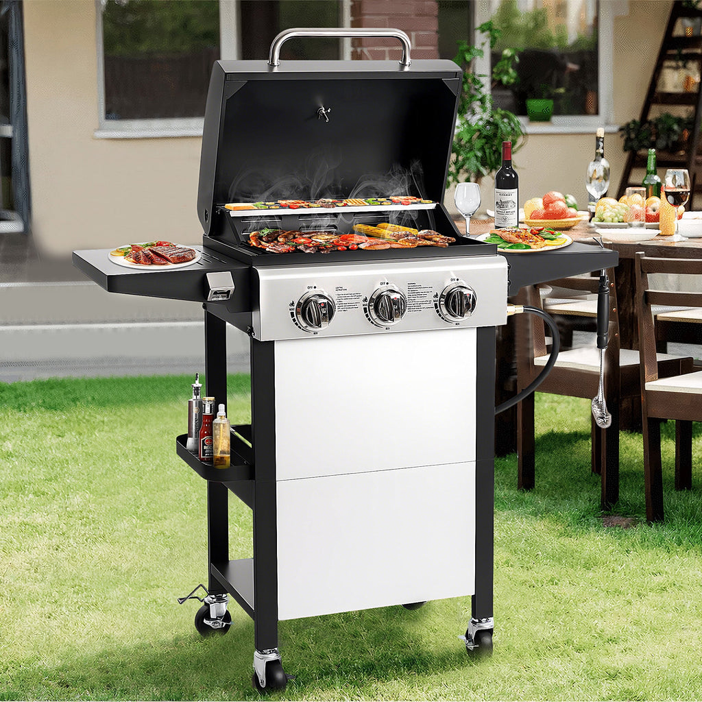 Segmart 3 Burner BBQ Propane Gas Grill, Stainless Steel 27,000 BTU Patio Garden Barbecue Grill with Side Tables, Hanging Basket & Thermometer, Perfect for Camping, Outdoor Cooking