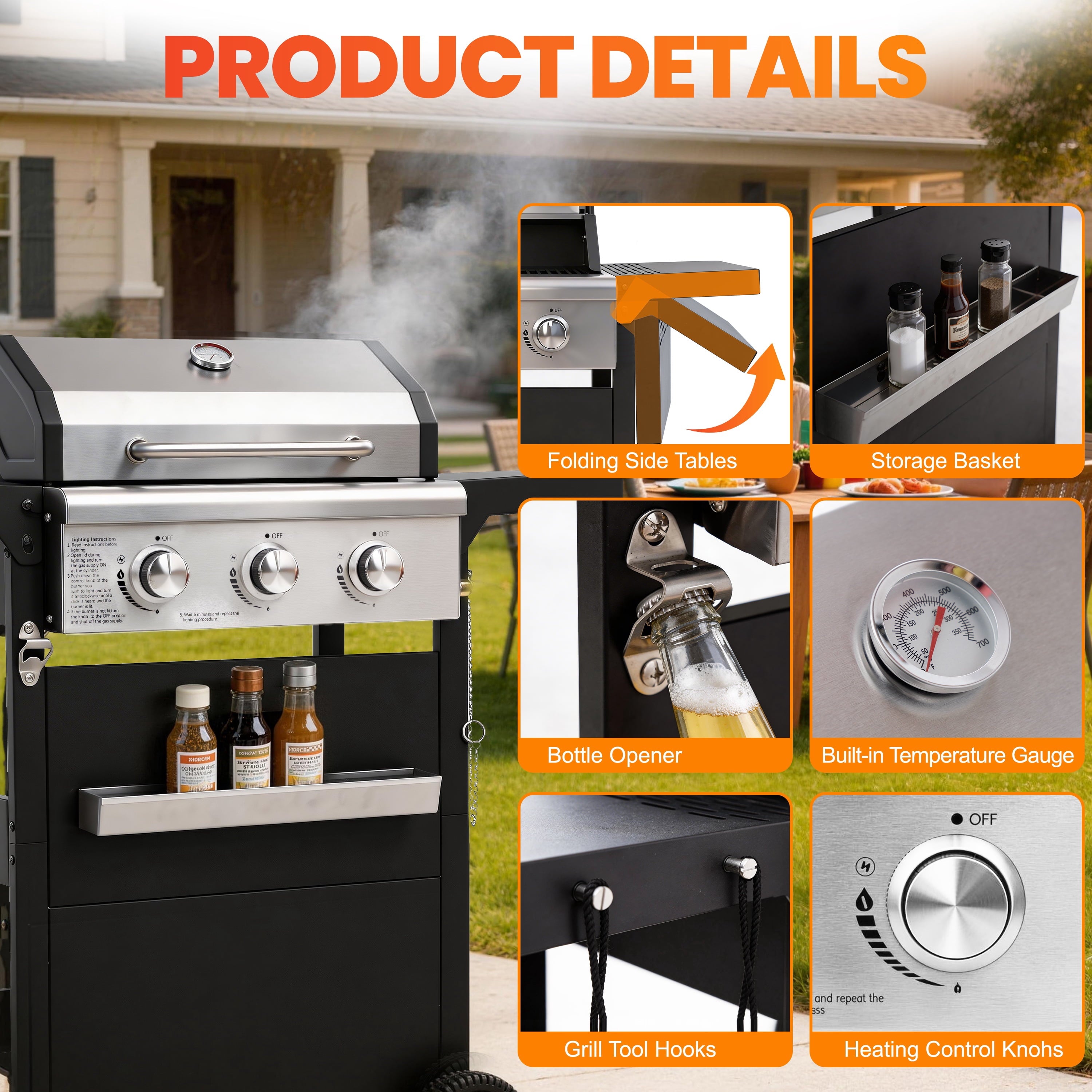 Segmart 3 Burner BBQ Propane Gas Grill, Stainless Steel 27,000 BTU Patio Garden Barbecue Grill with Side Tables, Hanging Basket & Thermometer, Perfect for Camping, Outdoor Cooking