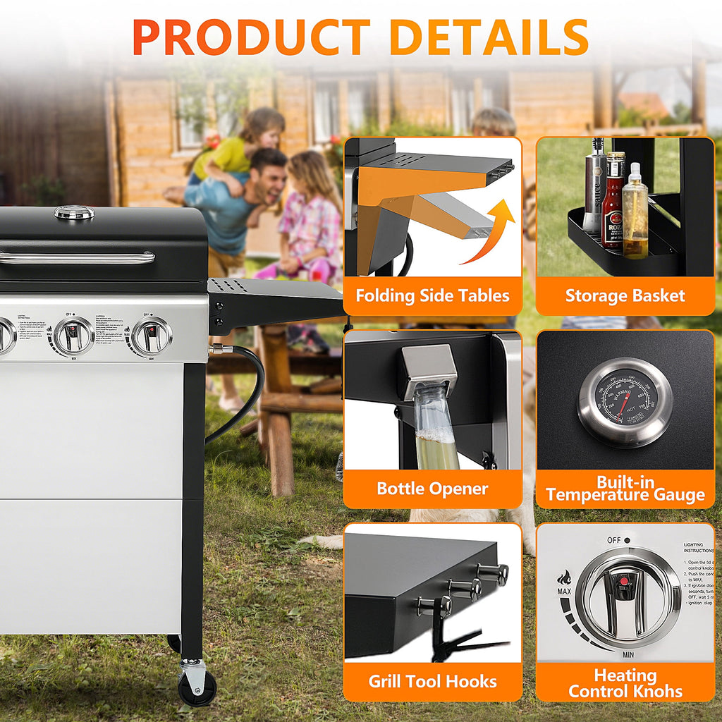 Segmart 3 Burner BBQ Propane Gas Grill, Stainless Steel 27,000 BTU Patio Garden Barbecue Grill with Side Tables, Hanging Basket & Thermometer, Perfect for Camping, Outdoor Cooking