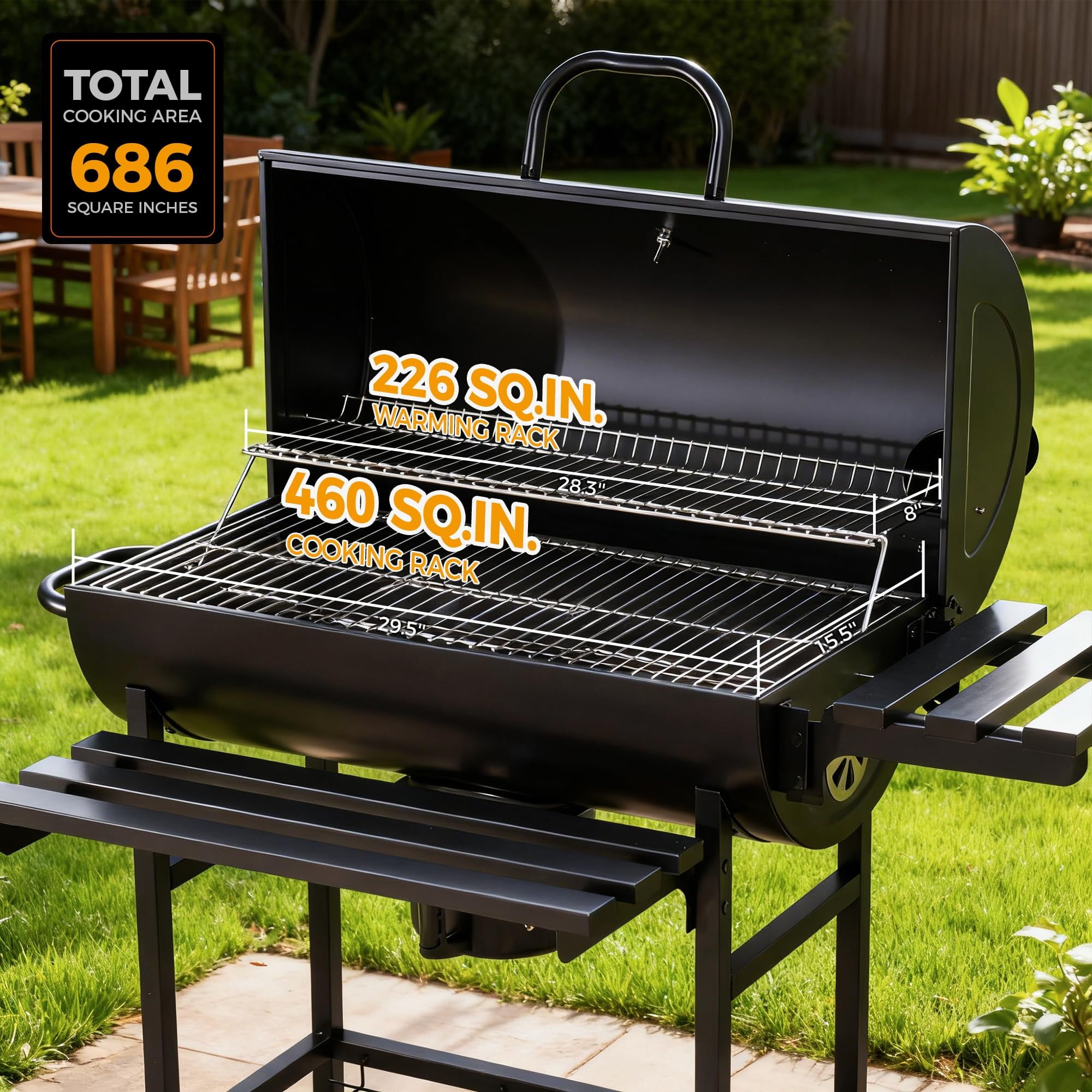 MASTER COOK Barrel Charcoal Grill with Foldable Shelf, Outdoor BBQ Smoker Grill with Thermometer and Adjustable Air Vents