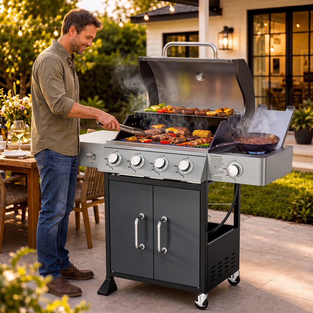 3-Burner Gas Grill with Side Burner, 40,500 BTU Propane BBQ Grill with Porcelain-Enameled Cast Iron Grates, Built-in Thermometer, Ideal for Patio Camping Outdoor Cooking