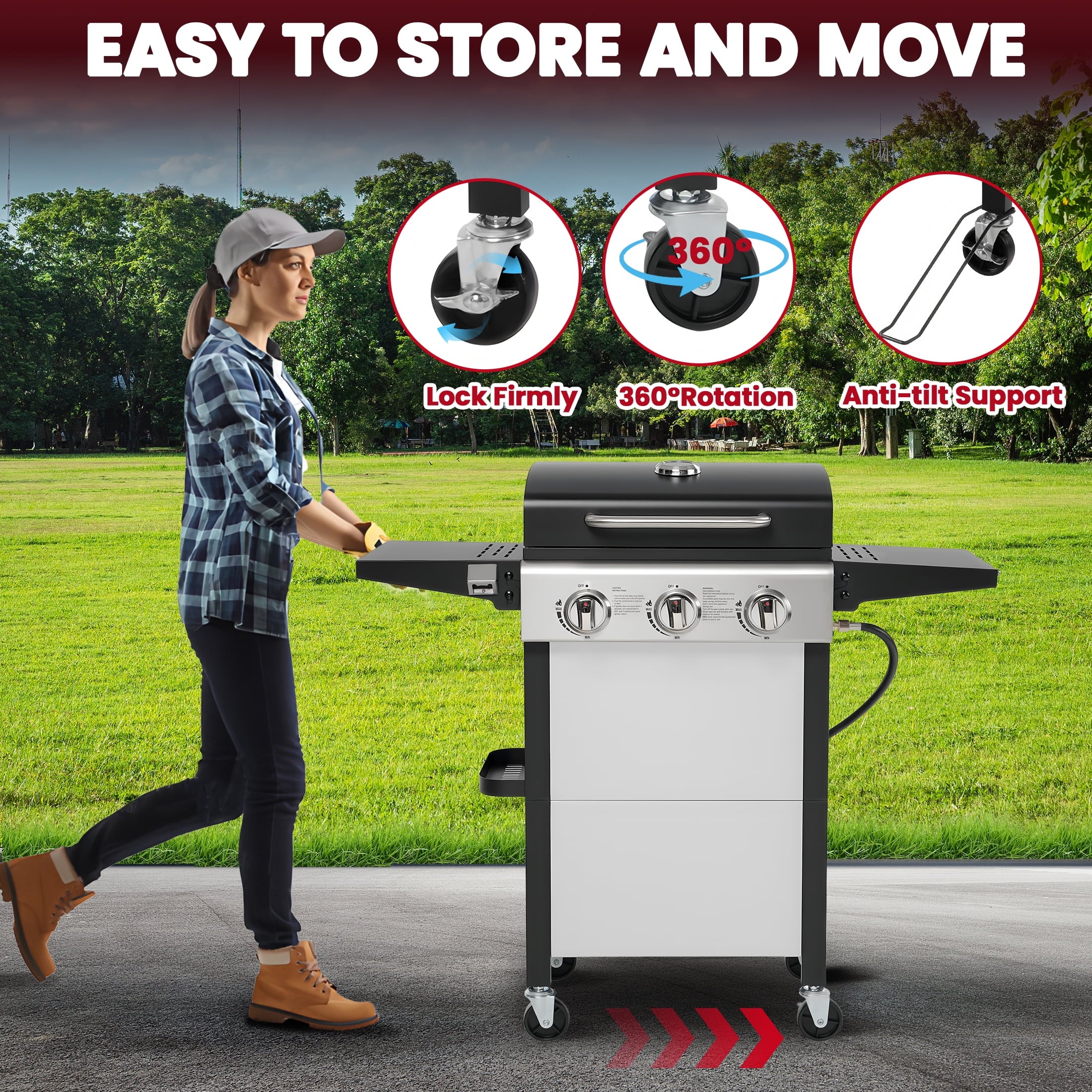 Enyopro 3-Burner Propane Gas Grill, 30000 BTU BBQ Grill with Foldable Side Table, Stainless Steel Warming Rack, Hooks, and Built-In Bottle Opener for Outdoor Barbecue