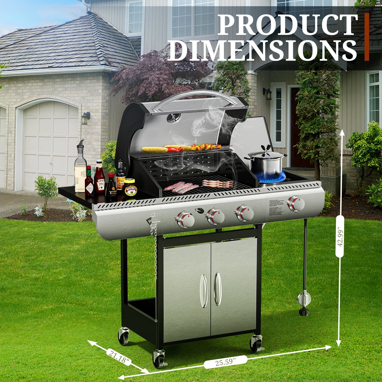 3-Burner Propane Gas Grill with Side Burner,34,000 BTU Stainless Steel BBQ Grill with Side Shelves and Wheels,Outdoor Grill for for Patio,Backyard,Garden,Camping Cooking