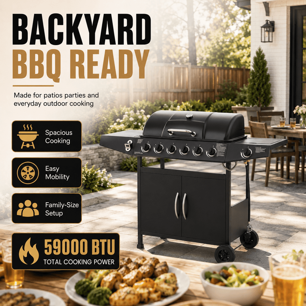 6-Burner Propane Gas Grill with Side Burner, 59000 BTU Outdoor BBQ Grill with Porcelain-Enameled Grates, Warming Rack, Side Tables, Bottle Opener, Thermometer and Wheels for Patio Backyard Cooking