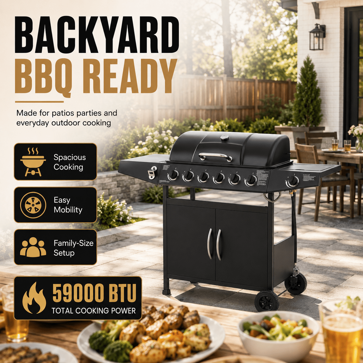 6-Burner Propane Gas Grill with Side Burner, 59000 BTU Outdoor BBQ Grill with Porcelain-Enameled Grates, Warming Rack, Side Tables, Bottle Opener, Thermometer and Wheels for Patio Backyard Cooking