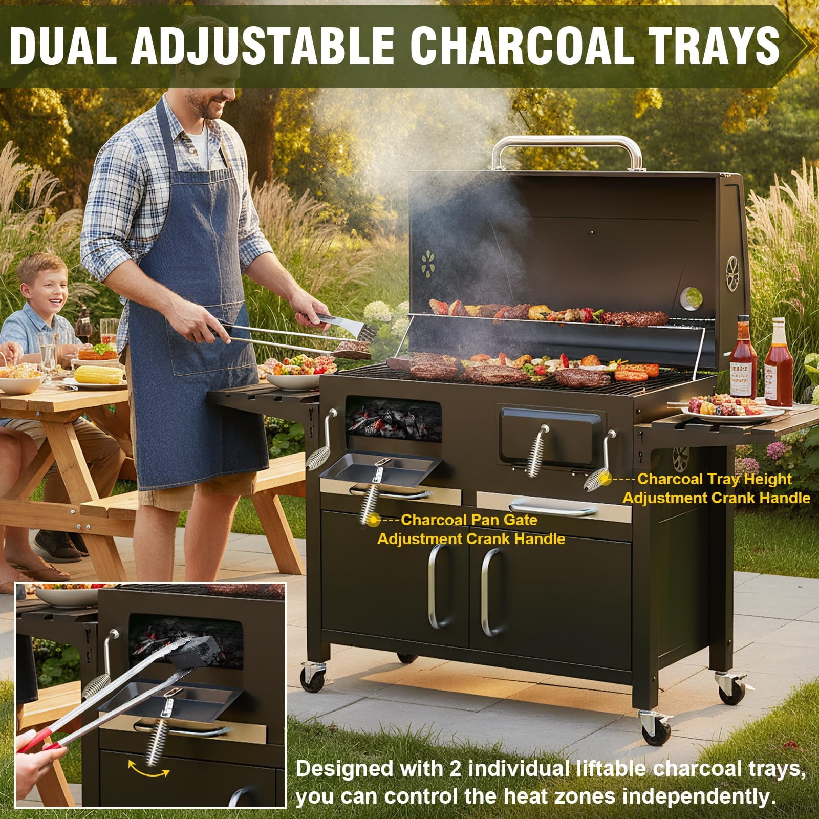 Bestfire Extra Large Charcoal BBQ Grill with Oversized Cooking Space, Dual Charcoal Trays, Enamel Grates & Chrome Warming Rack, Outdoor Barbecue Smoker with 4 Wheels & Side Tables