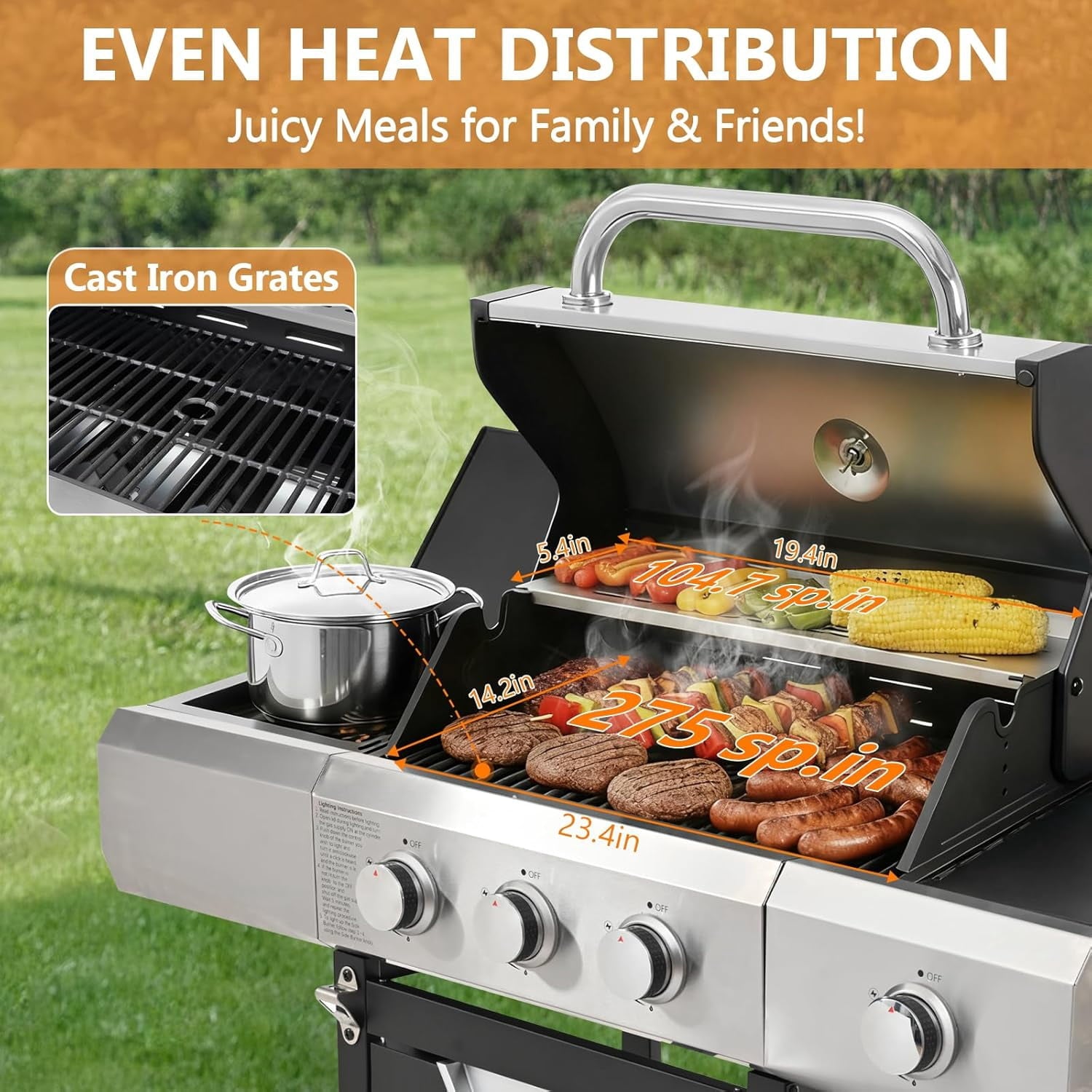Highsound 4-Burner Propane Gas Grill with Side Burner, 51,000 BTU Outdoor Barbecue Grill, Stainless Steel BBQ Grill for Backyard Cooking, Black