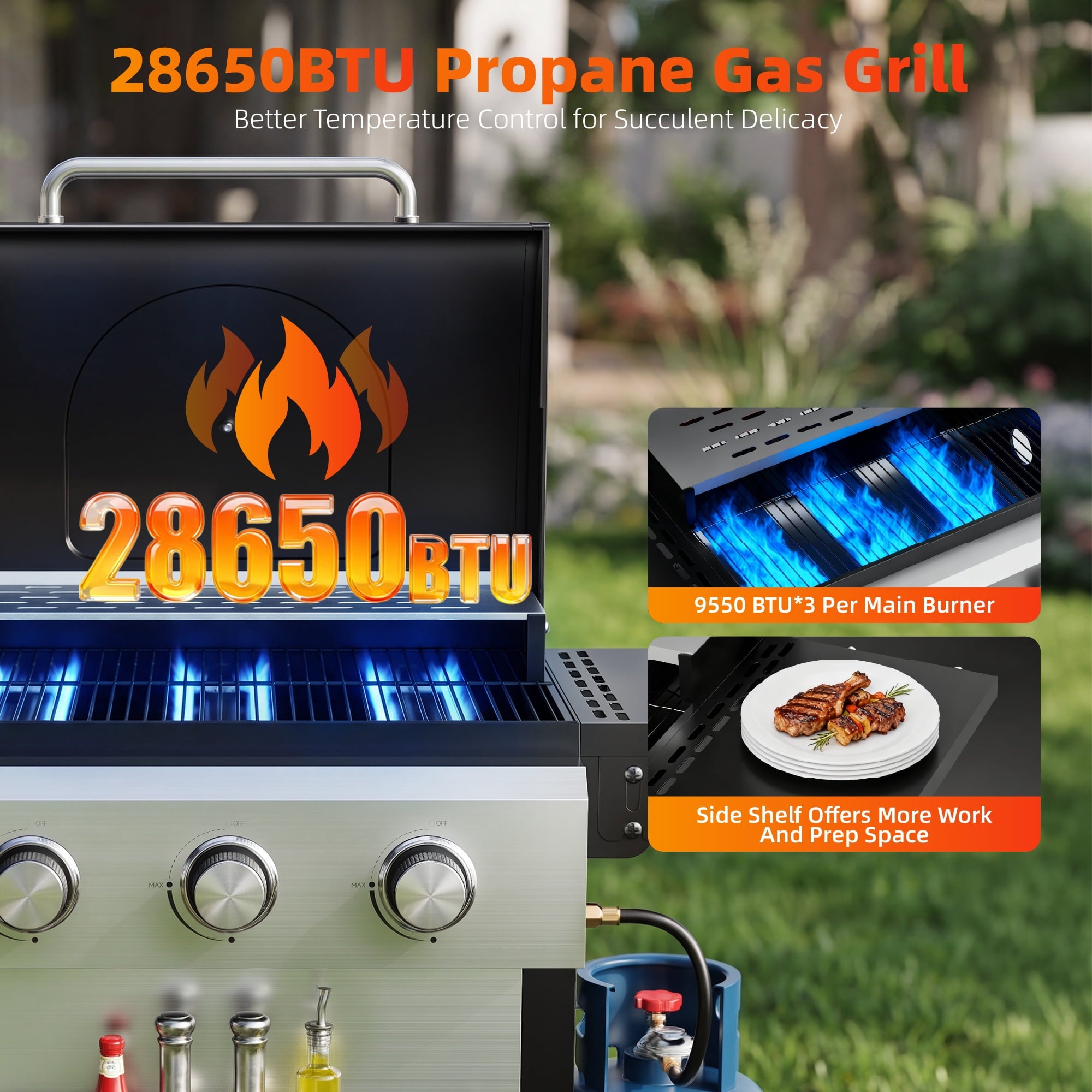 Biotree 4 Burner BBQ Propane Gas Grill, Stainless Steel 38,000 BTU Patio Garden Barbecue Grill with Two Foldable Shelves