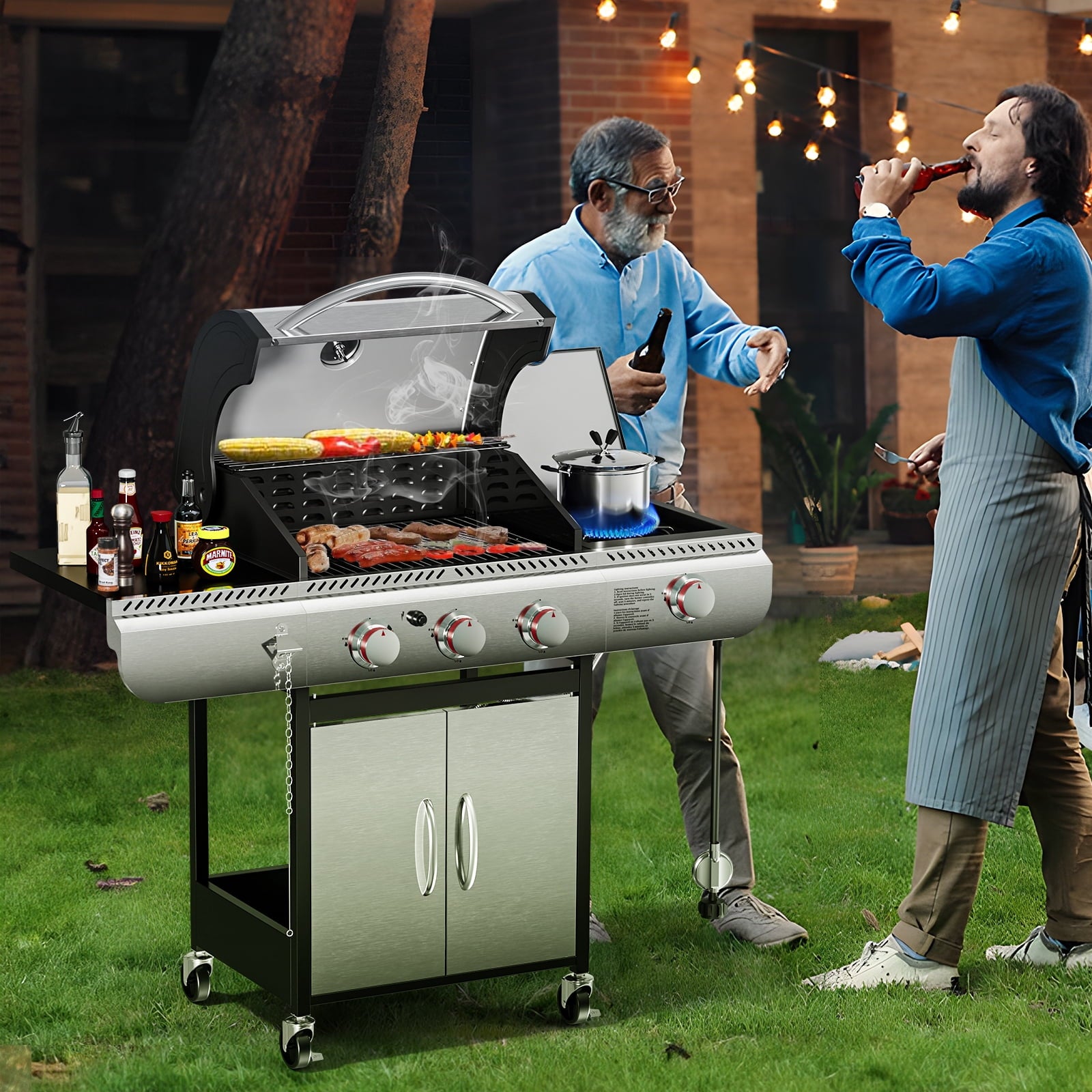 3-Burner Propane Gas Grill with Side Burner,34,000 BTU Stainless Steel BBQ Grill with Side Shelves and Wheels,Outdoor Grill for for Patio,Backyard,Garden,Camping Cooking