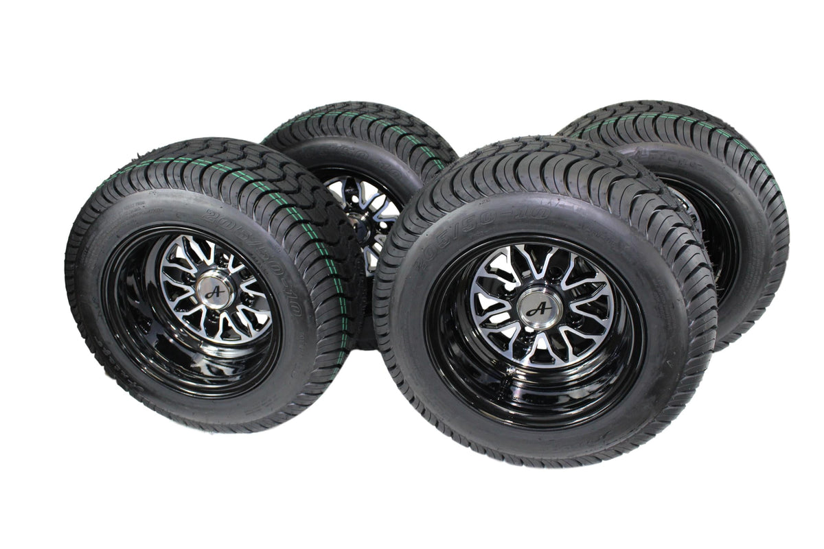(New) Antego 205/50-10 with 10x7 Fusion Glossy Black Wheels for Golf Cart (Set of 4)