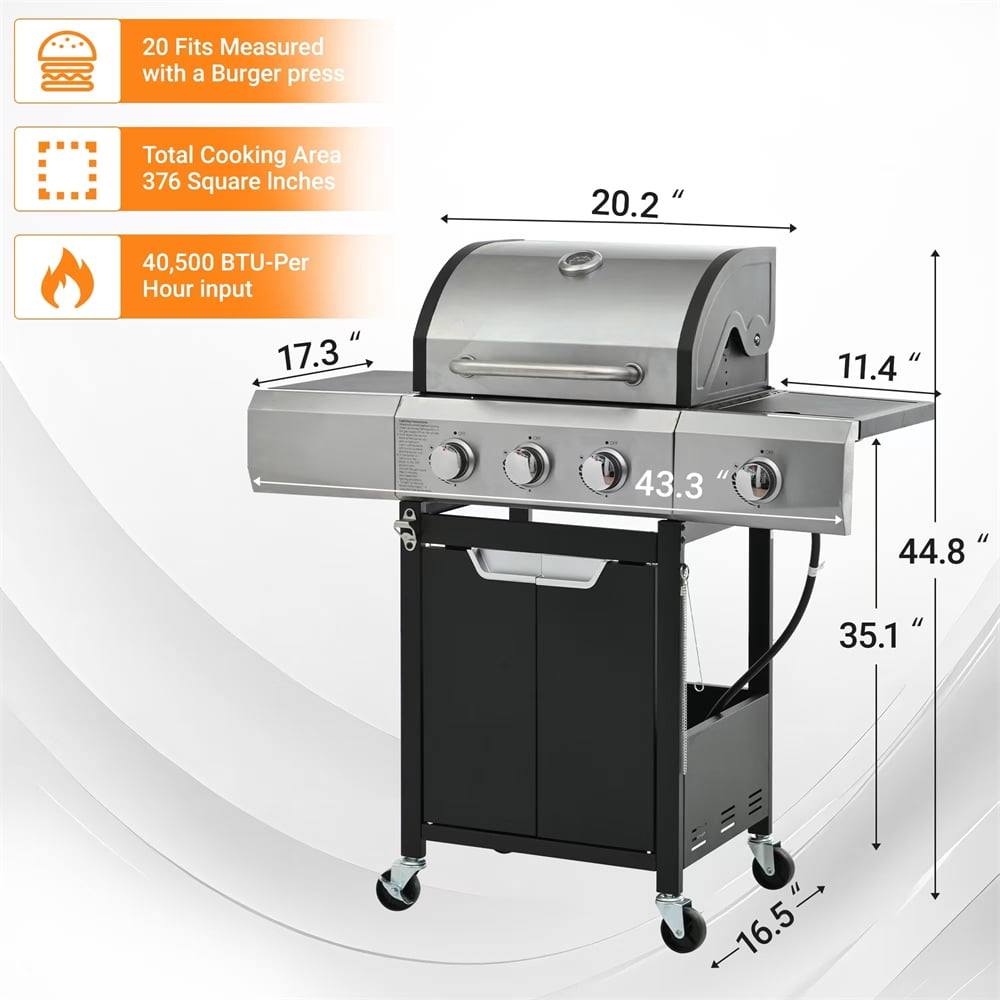 Highsound 4-Burner Propane Gas Grill with Side Burner, 51,000 BTU Outdoor Barbecue Grill, Stainless Steel BBQ Grill for Backyard Cooking, Black