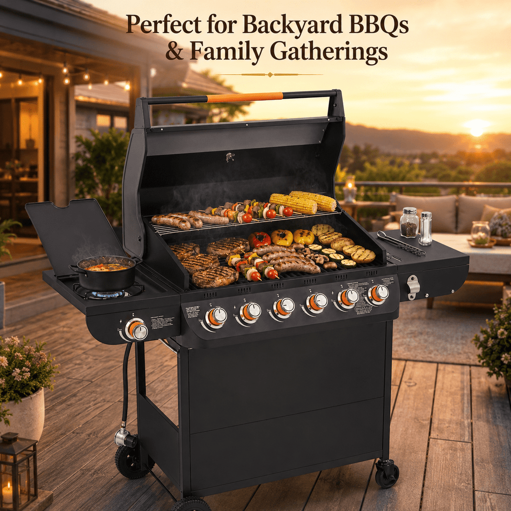 6-Burner Propane Gas Grill with Side Burner, 59000 BTU Outdoor BBQ Grill with Porcelain-Enameled Grates, Warming Rack, Side Tables, Bottle Opener, Thermometer and Wheels for Patio Backyard Cooking