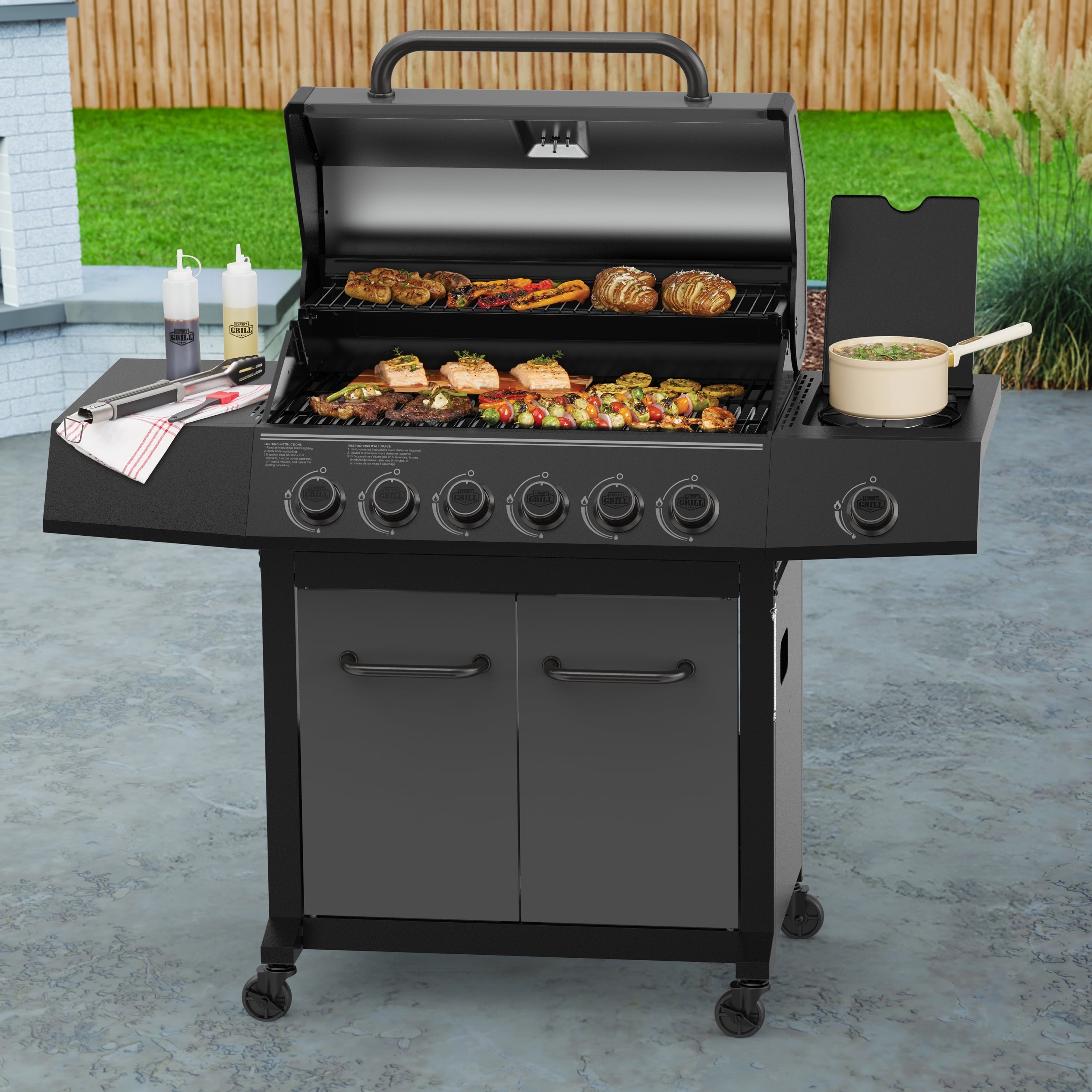 Expert Grill 6-Burner Propane Gas Grill with Side Burner and Side Table, Graphite