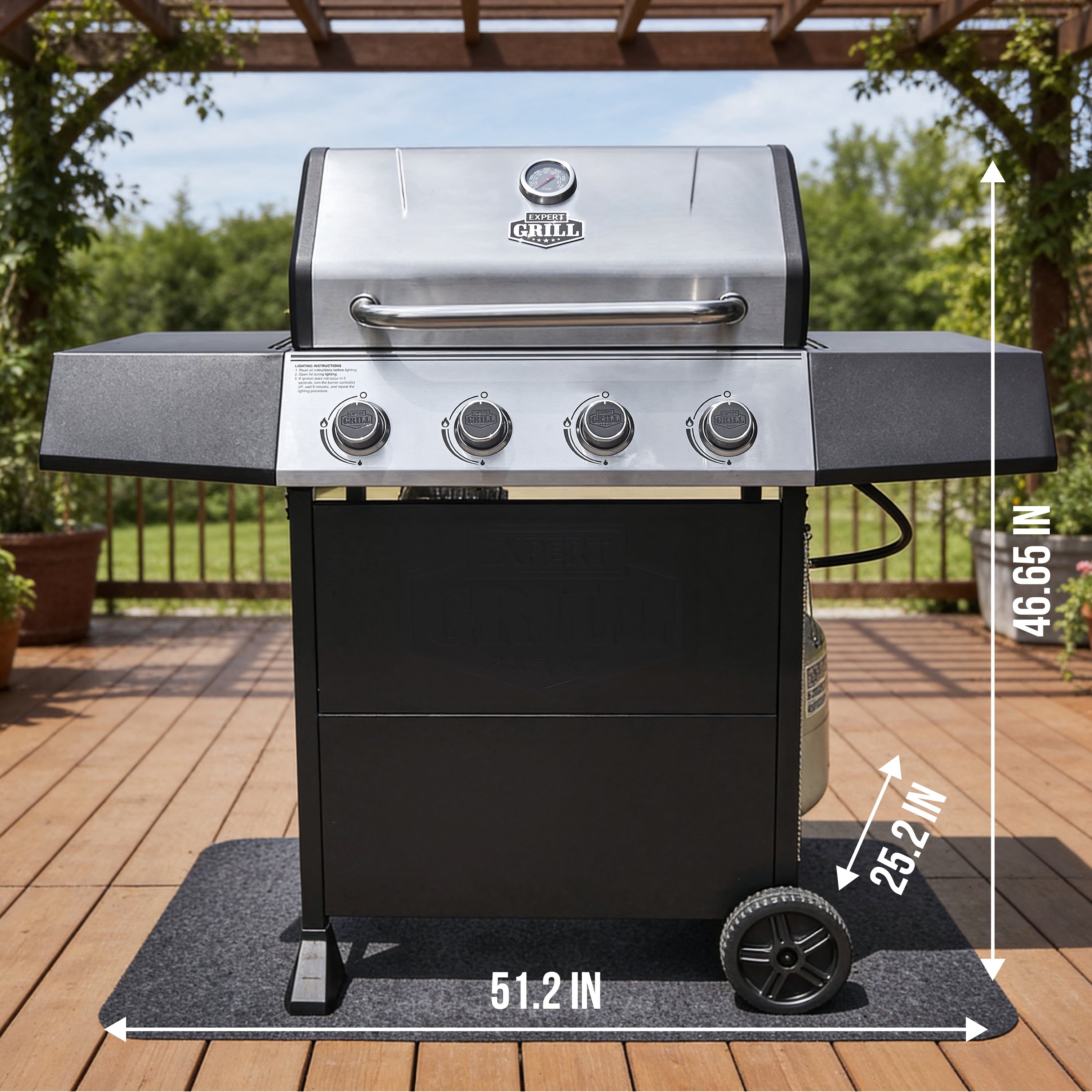 Expert Grill, 4-Burner Propane Gas Grill with Side Table and Wheels, Stainless Steel